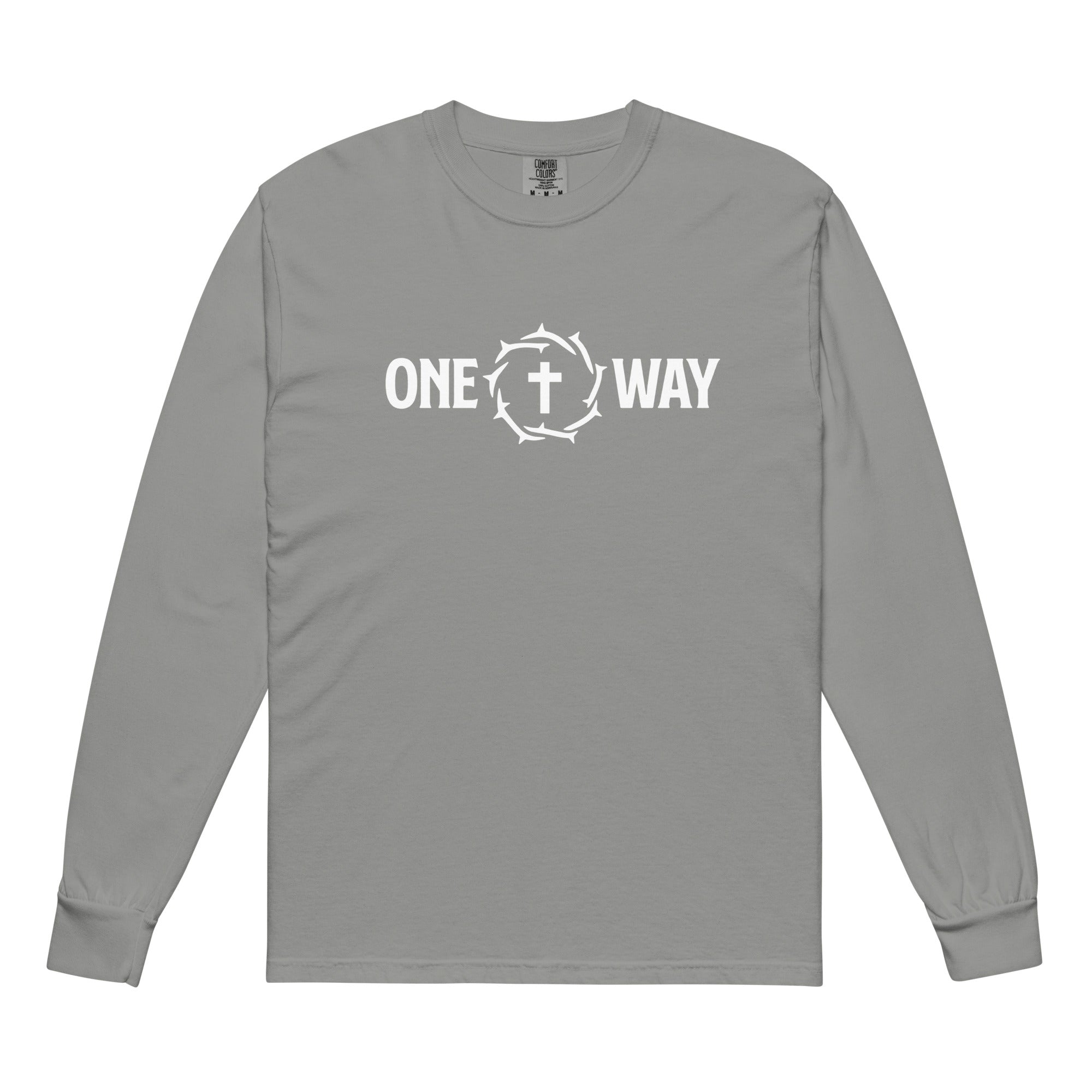 Image of One Way long sleeve shirt in grey with cross and crown of thorns design, front view