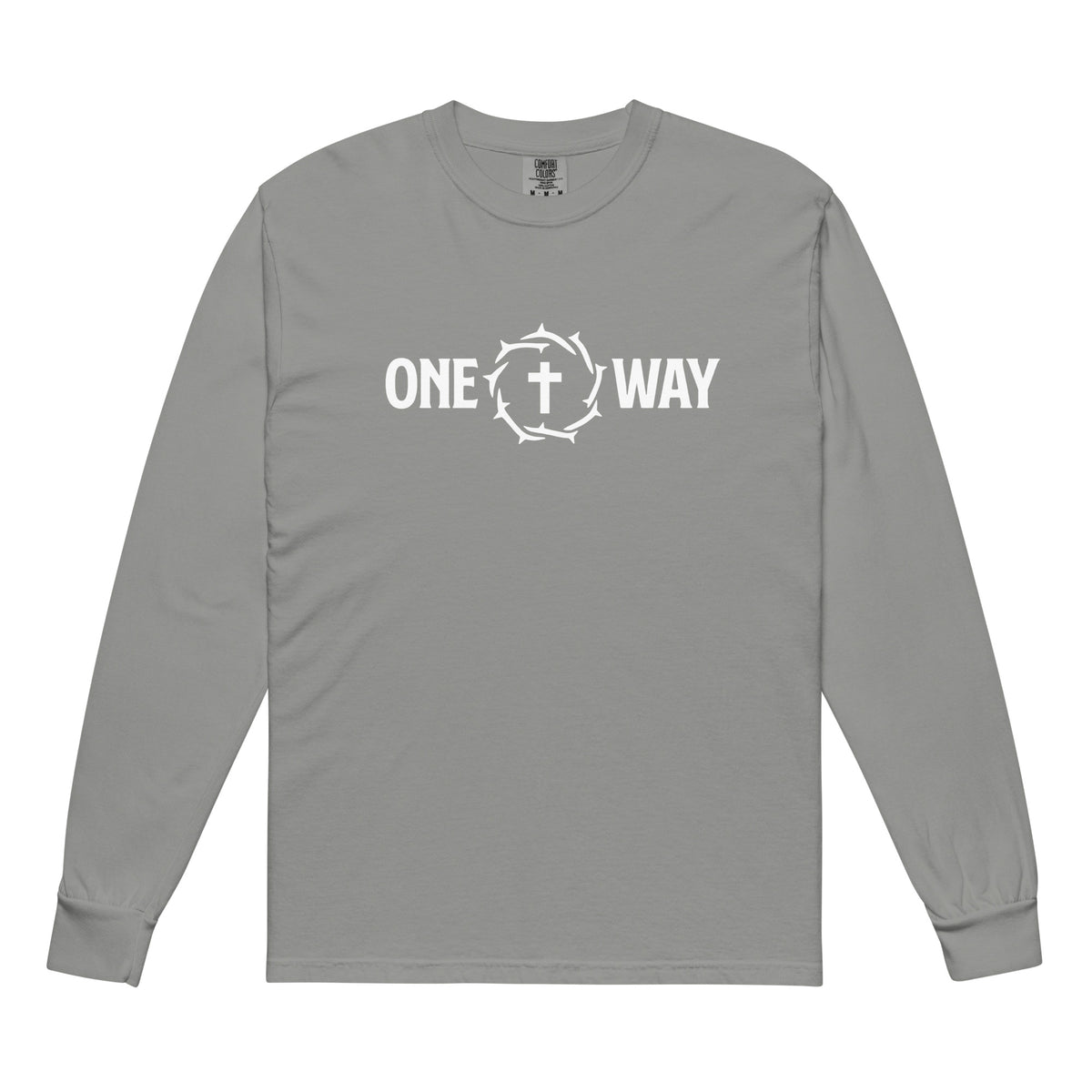 One Way long sleeve shirt in grey with cross and crown of thorns design, front view