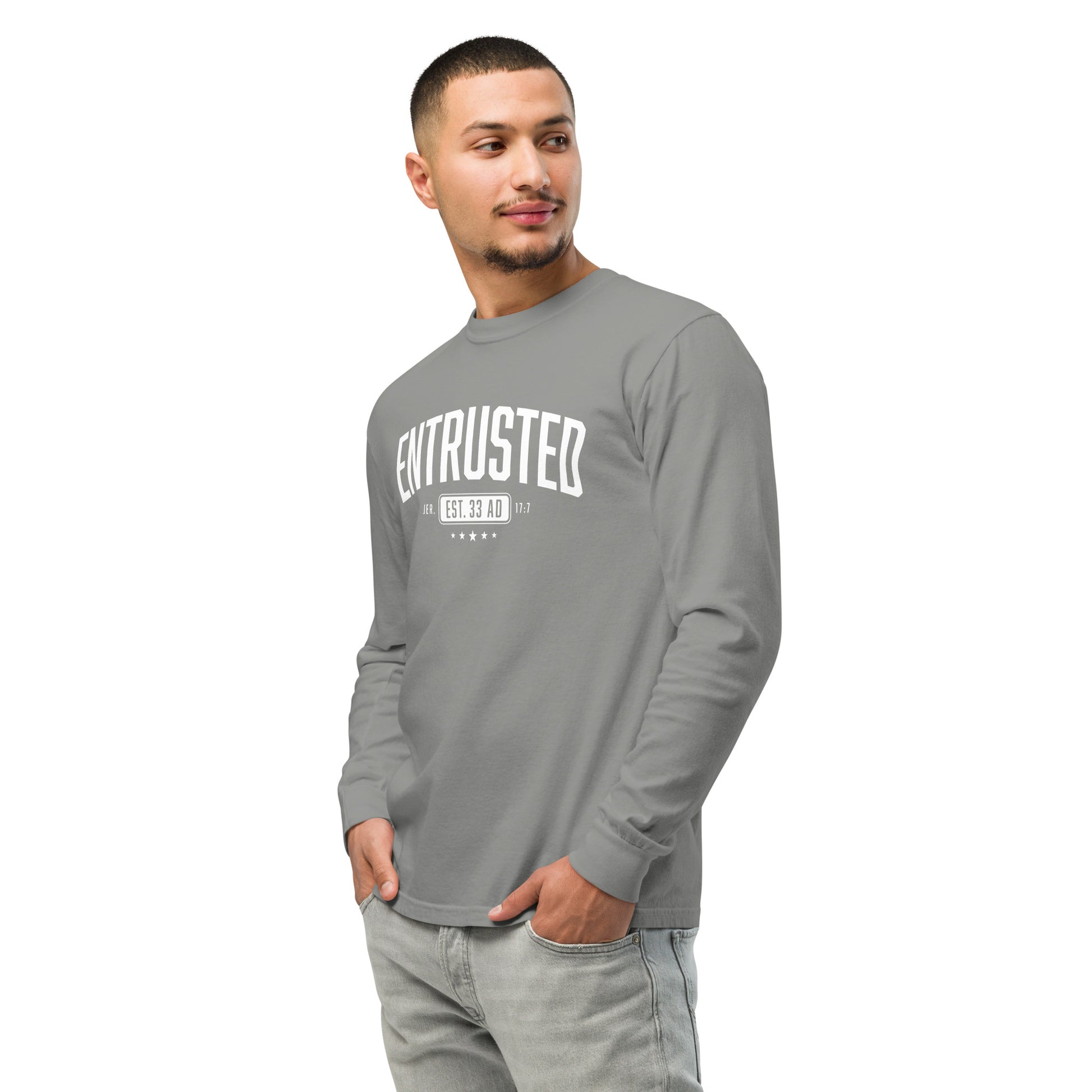 Entrusted Est. 33AD christian shirt grey left front — walk by faith apparel long sleeve