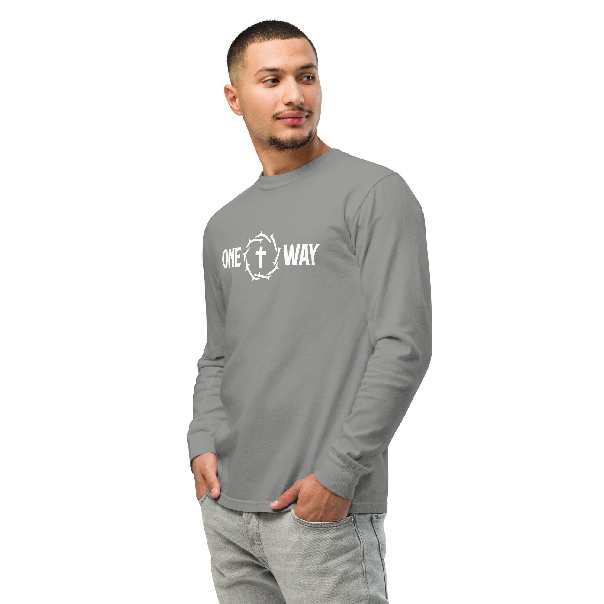 Image of Man wearing the One Way long sleeve shirt in grey with cross and crown of thorns design