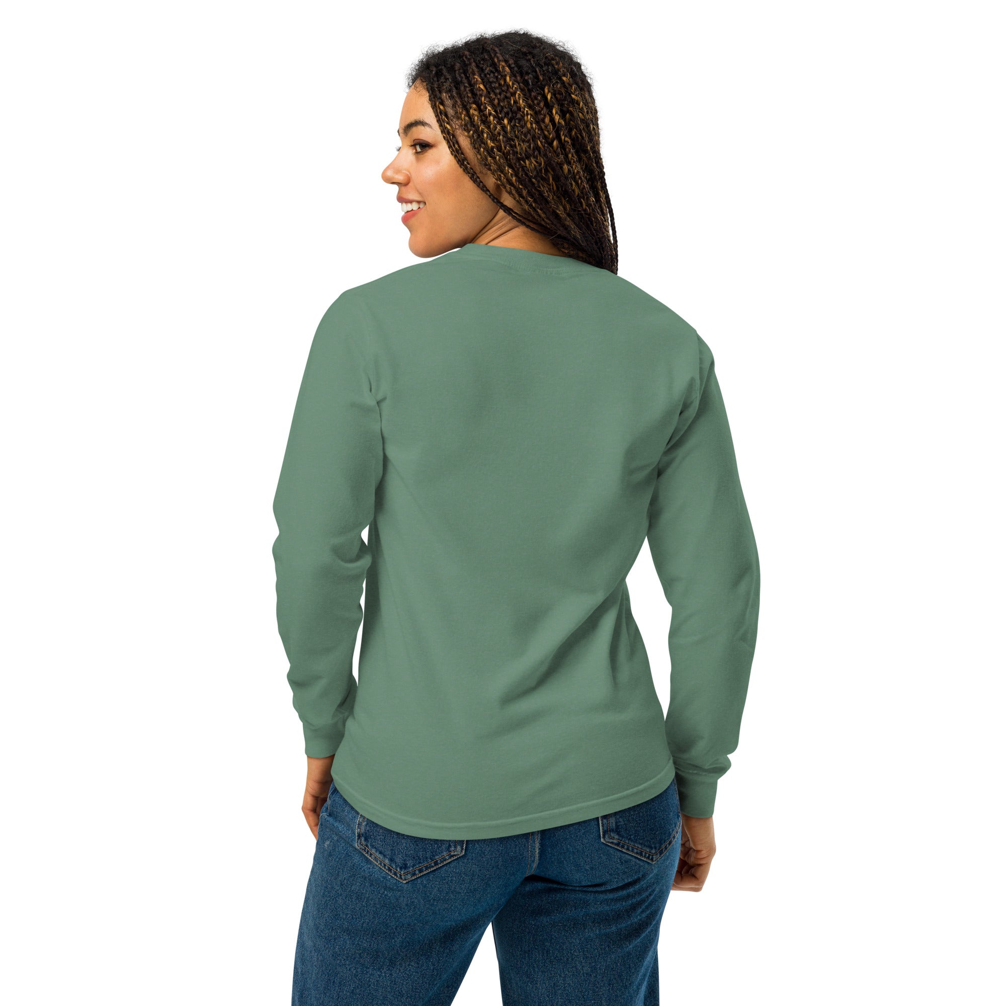 Image of Grace Abounds christian long sleeve shirt light green back view — faith shirt Entrusted to Him