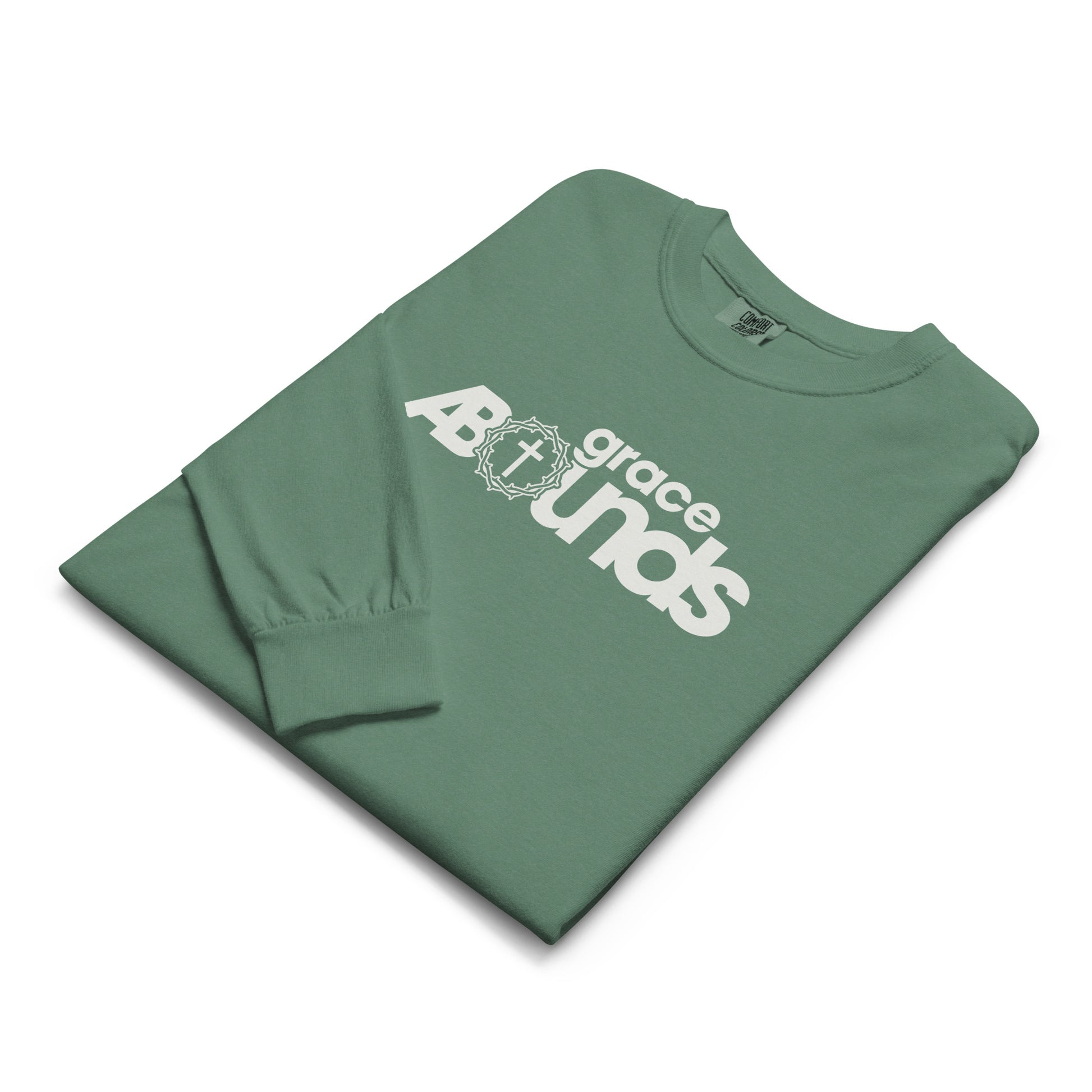 Grace Abounds christian shirt light green second front view — walk by faith apparel Romans 5:20