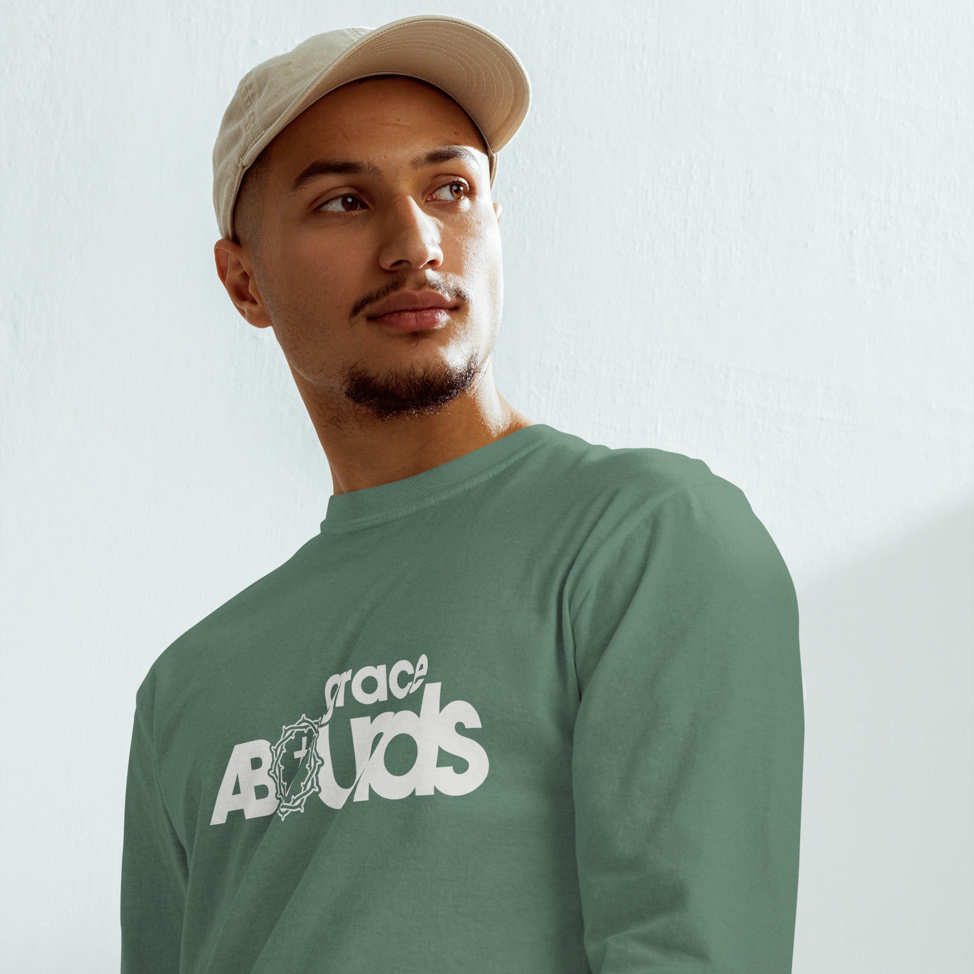 Image of Grace Abounds christian shirt light green styled front — christian t-shirt for men and women