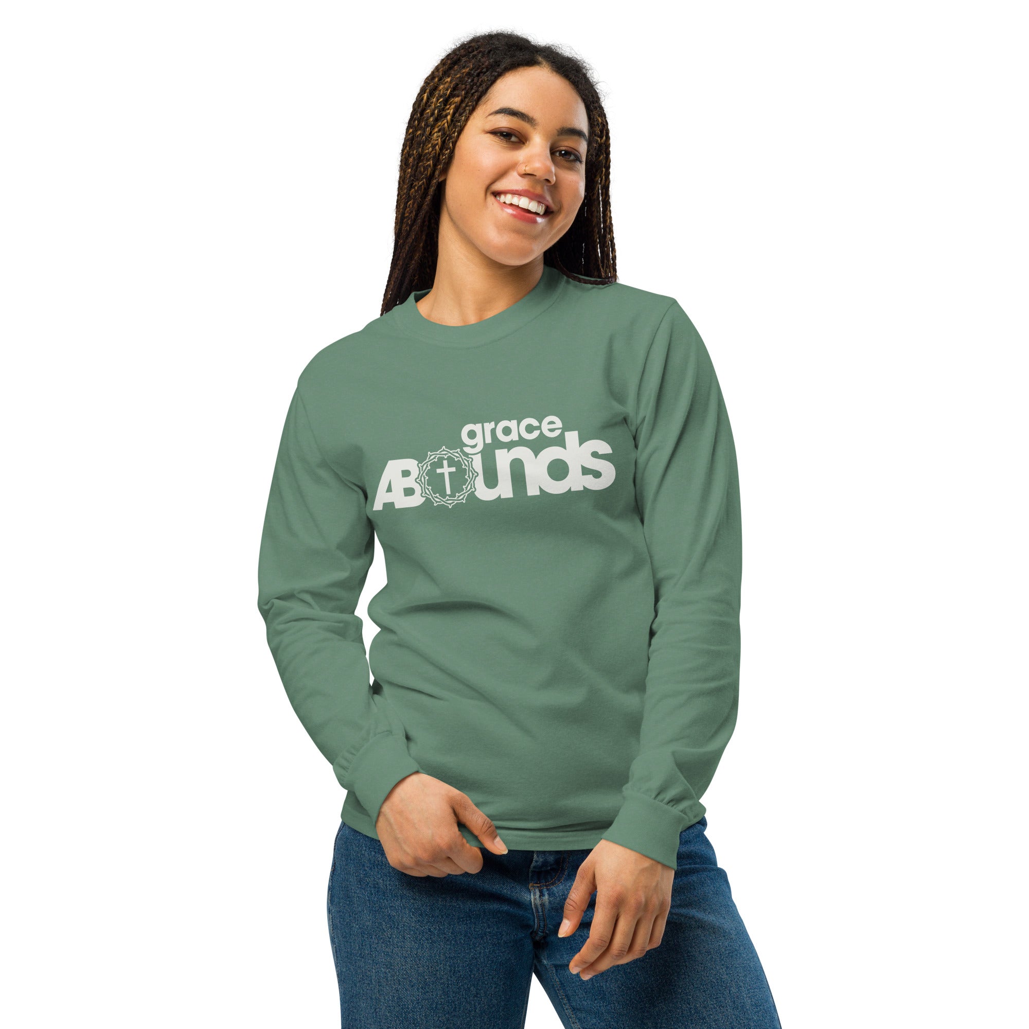 Image of Grace Abounds christian long sleeve light green lifestyle front — bible verse shirt Romans 5:20