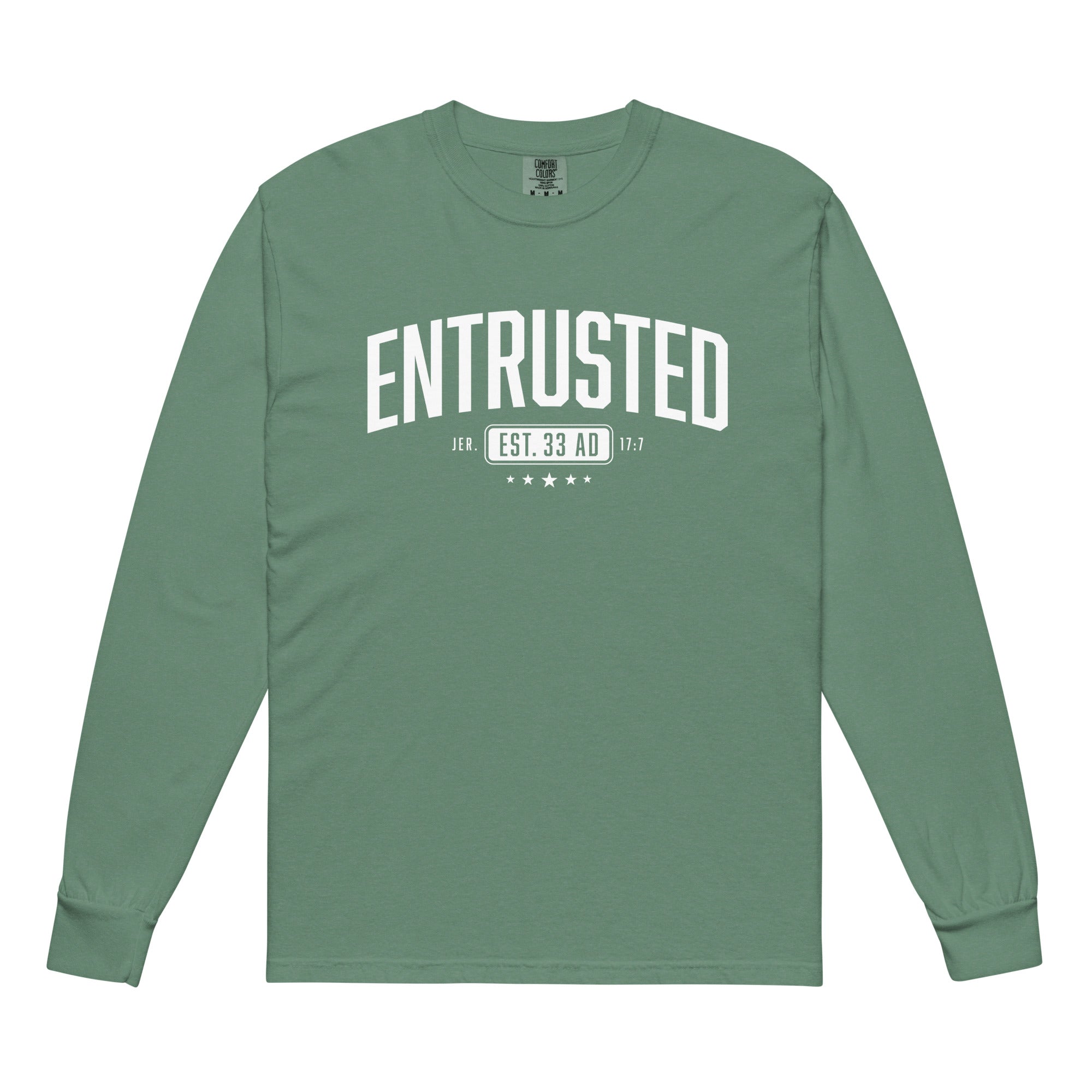Image of Entrusted Est. 33AD christian long sleeve light green front — faith shirt for men and women