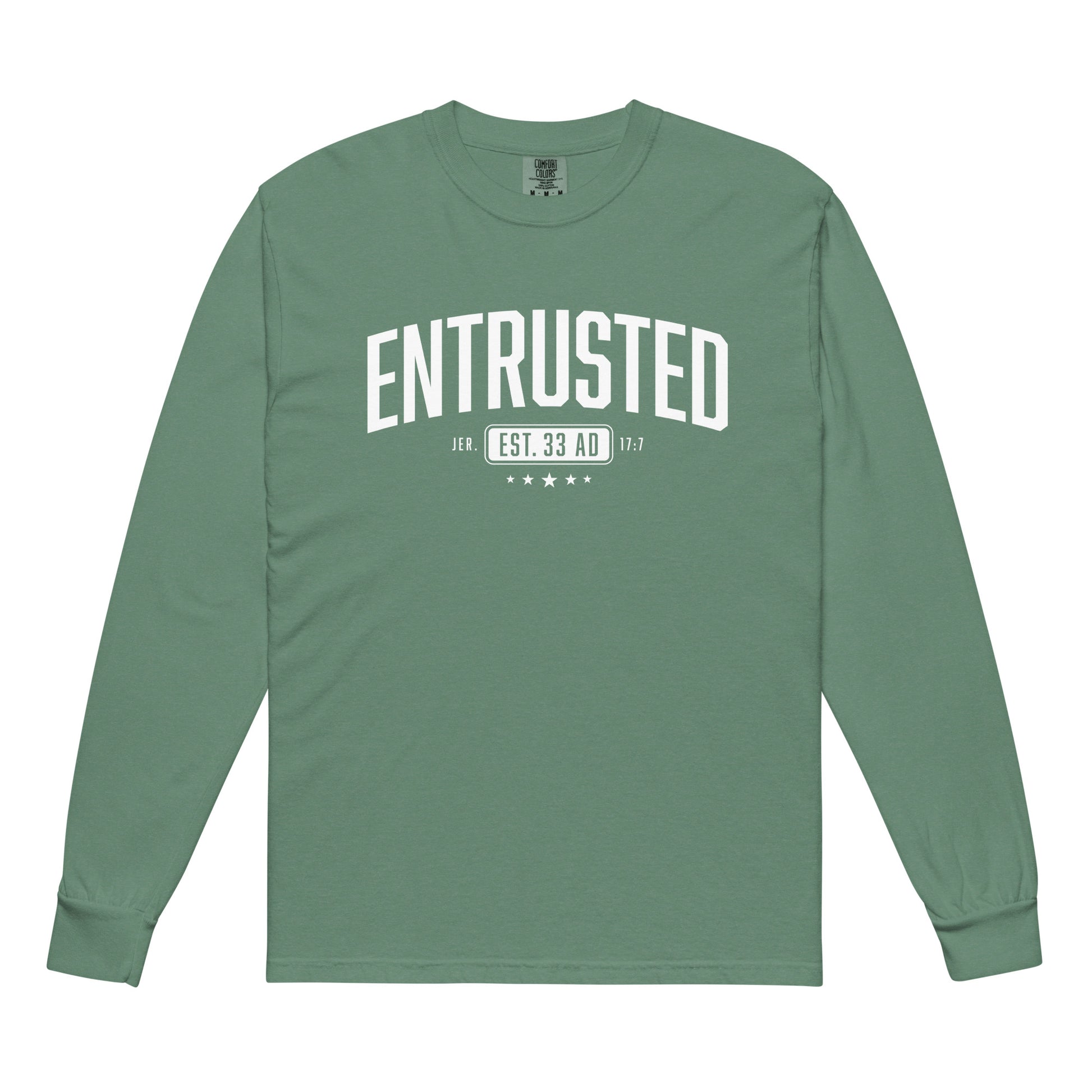 Entrusted Est. 33AD christian long sleeve light green front — faith shirt for men and women