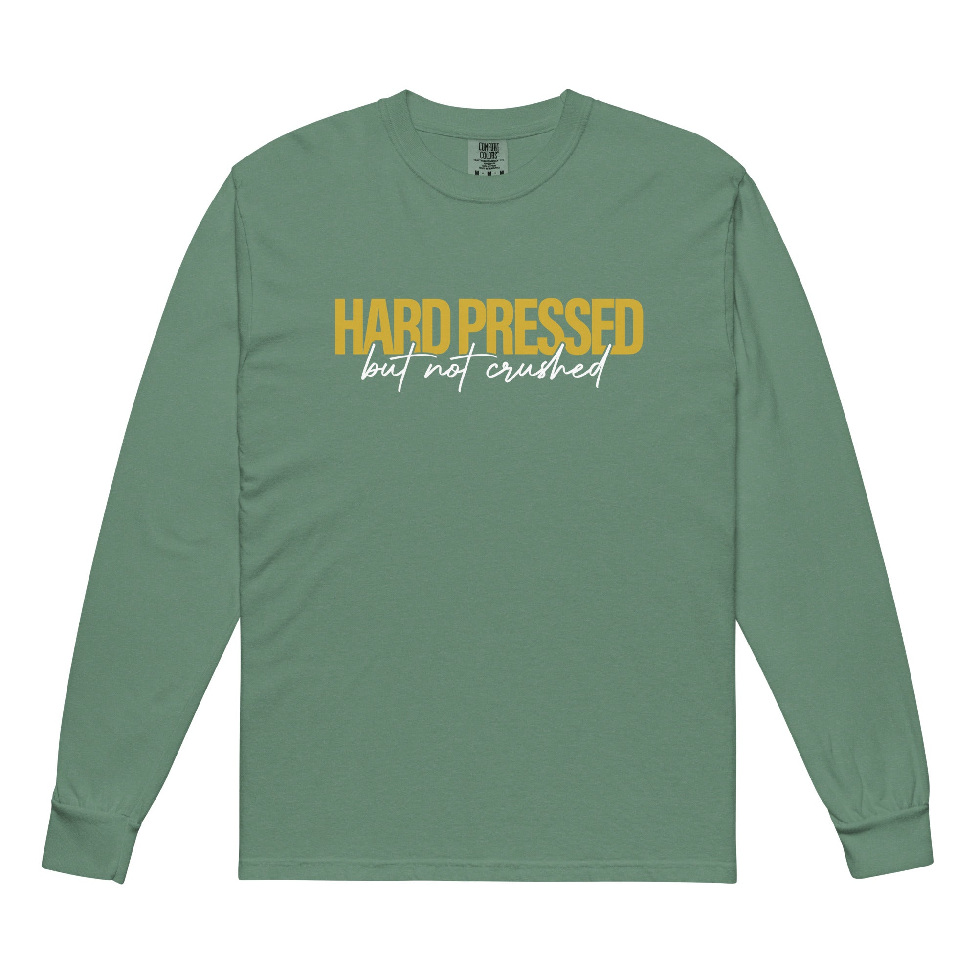 Image of Hard Pressed christian shirt light green front — faith shirt 2 Corinthians 4:8 Entrusted to Him
