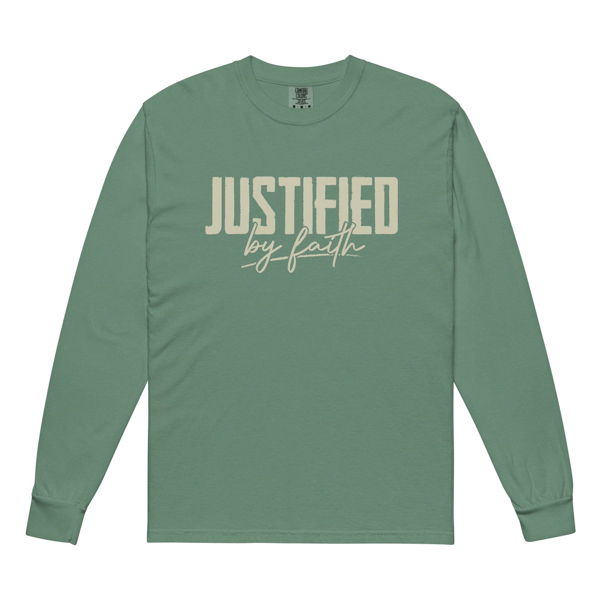 Image of Justified by Faith christian shirt Light Green front view — Jesus shirt inspired by Romans 5:1