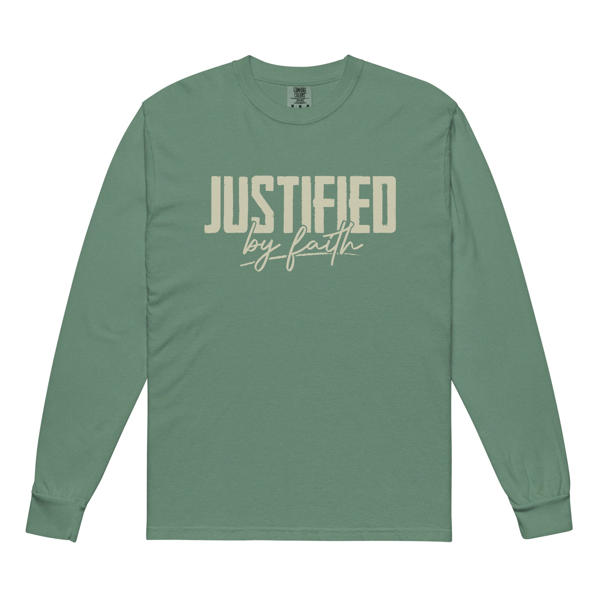 Justified by Faith christian shirt Light Green front view — Jesus shirt inspired by Romans 5:1