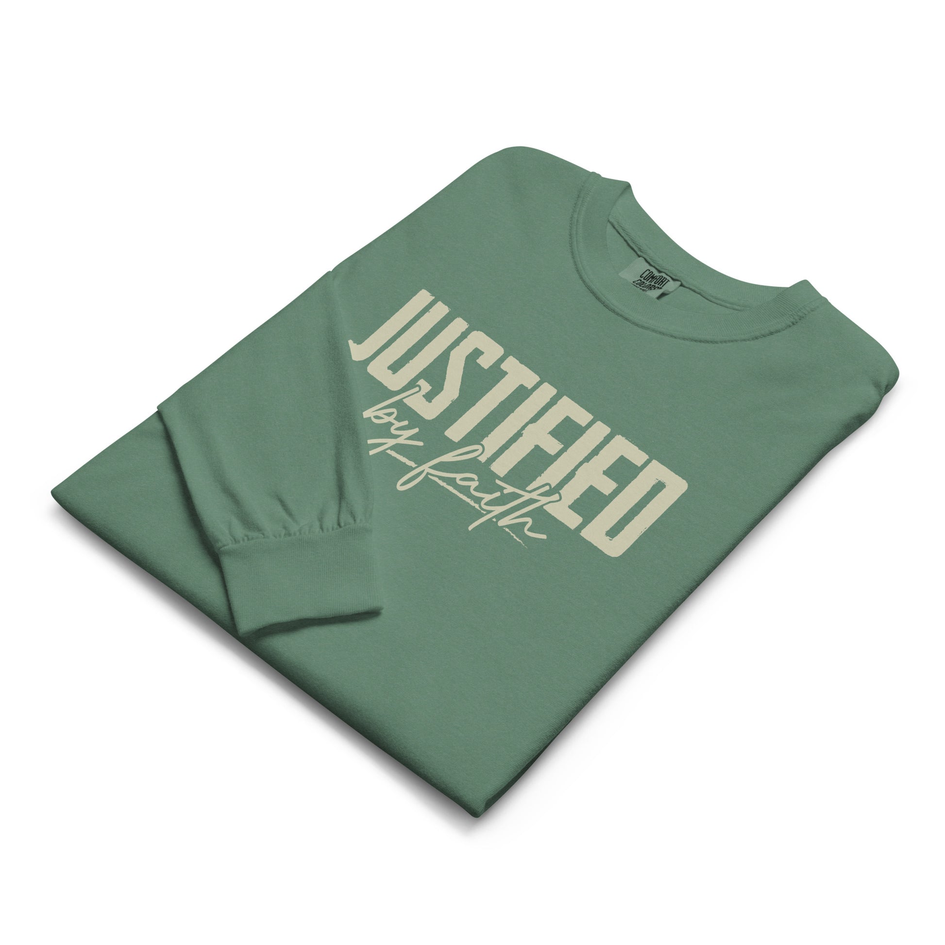 Justified by Faith christian long sleeve Light Green lifestyle front — faith shirts Entrusted to Him