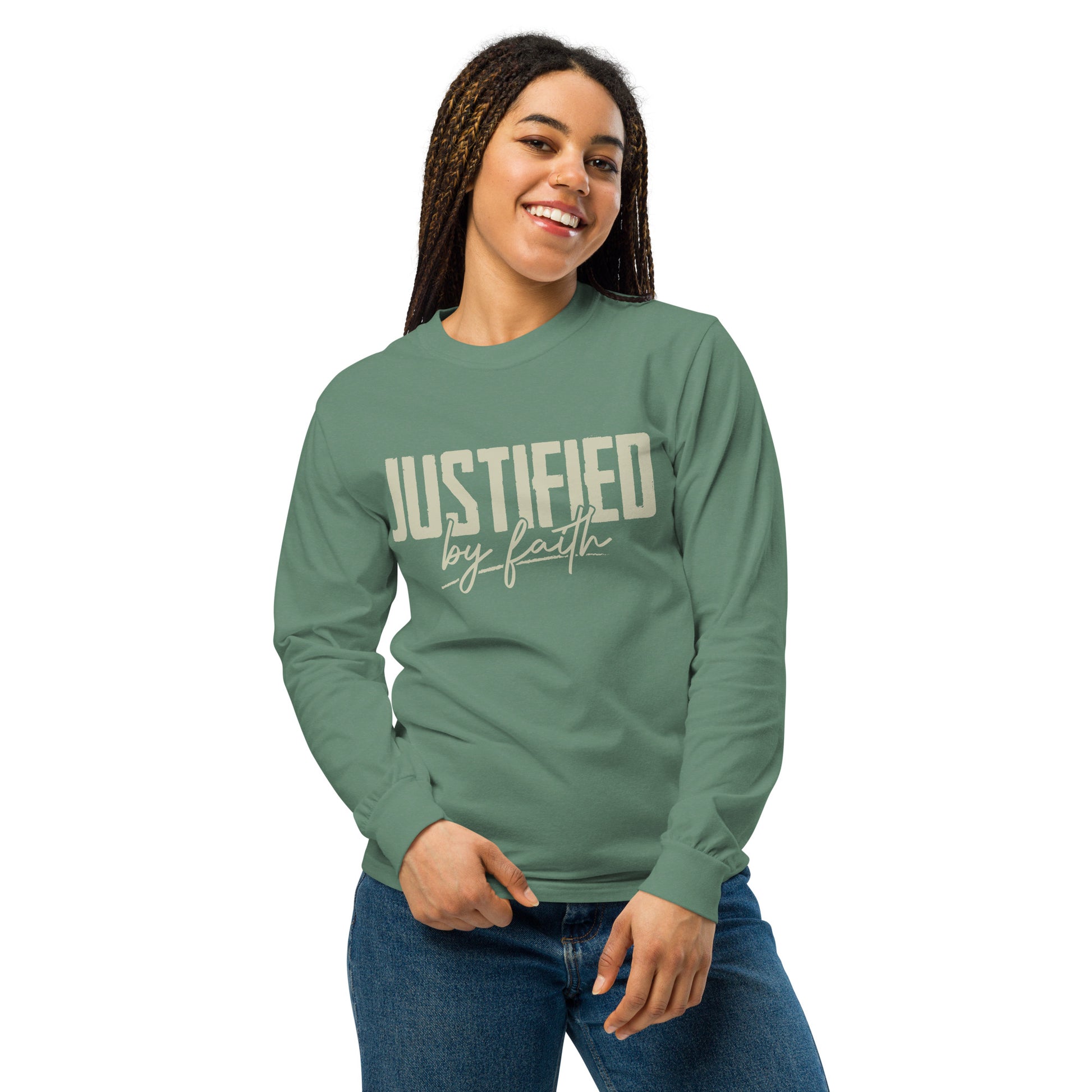 Justified by Faith christian long sleeve Light Green second front — walk by faith apparel Entrusted to Him