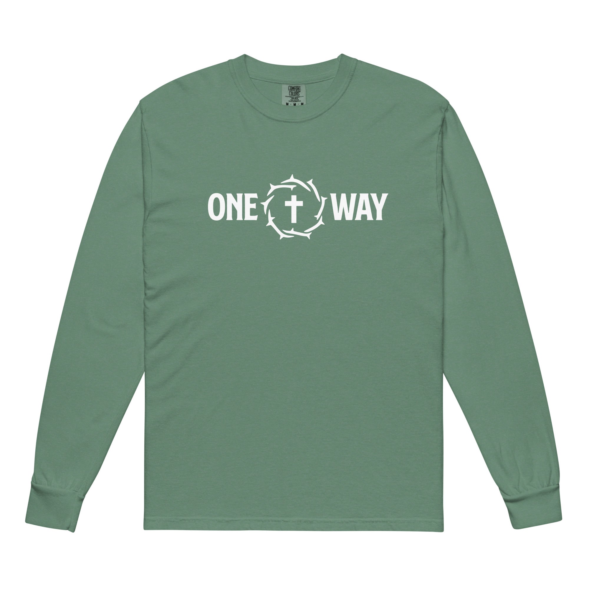 Image of One Way long sleeve shirt in light green with cross and crown of thorns design, front view