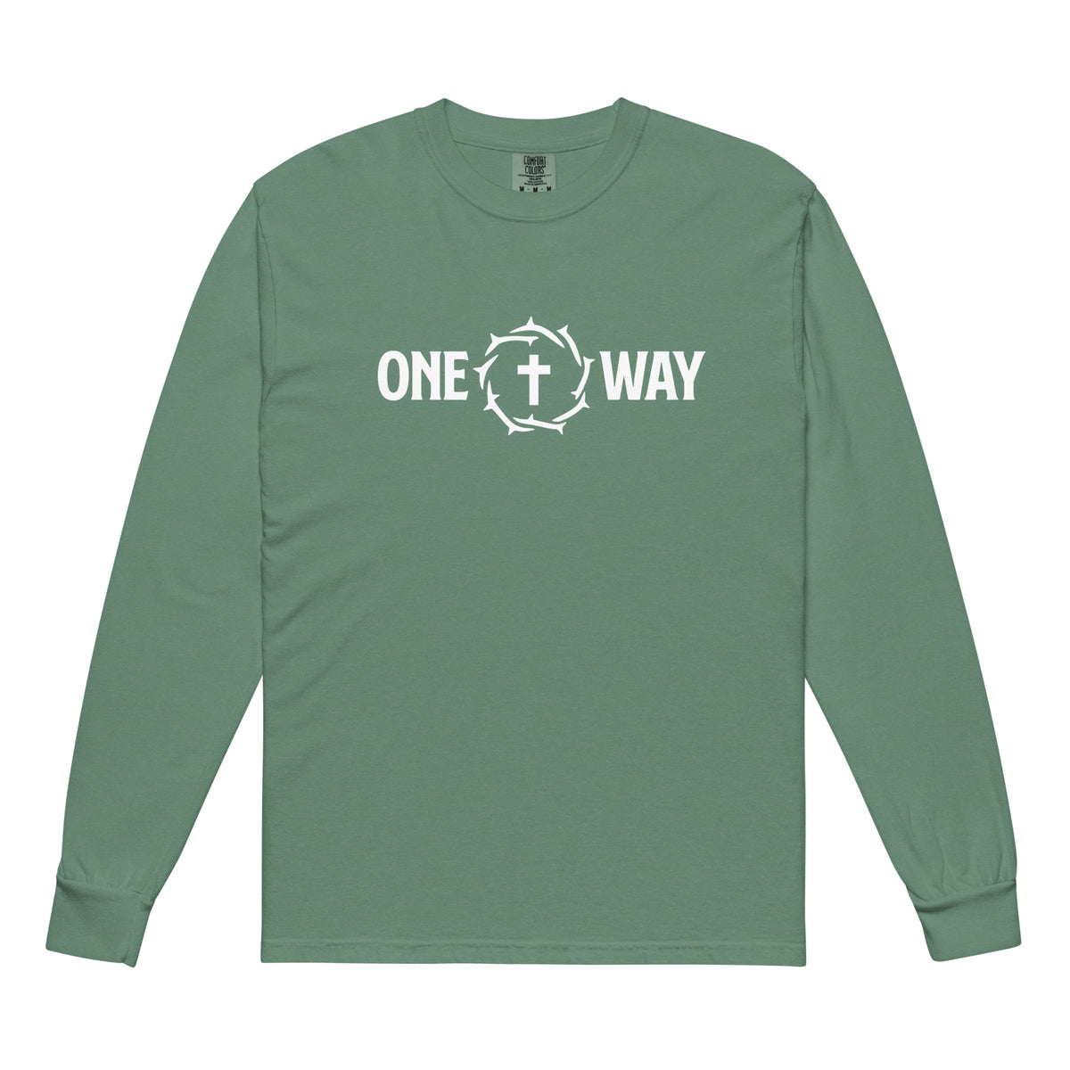 One Way long sleeve shirt in light green with cross and crown of thorns design, front view