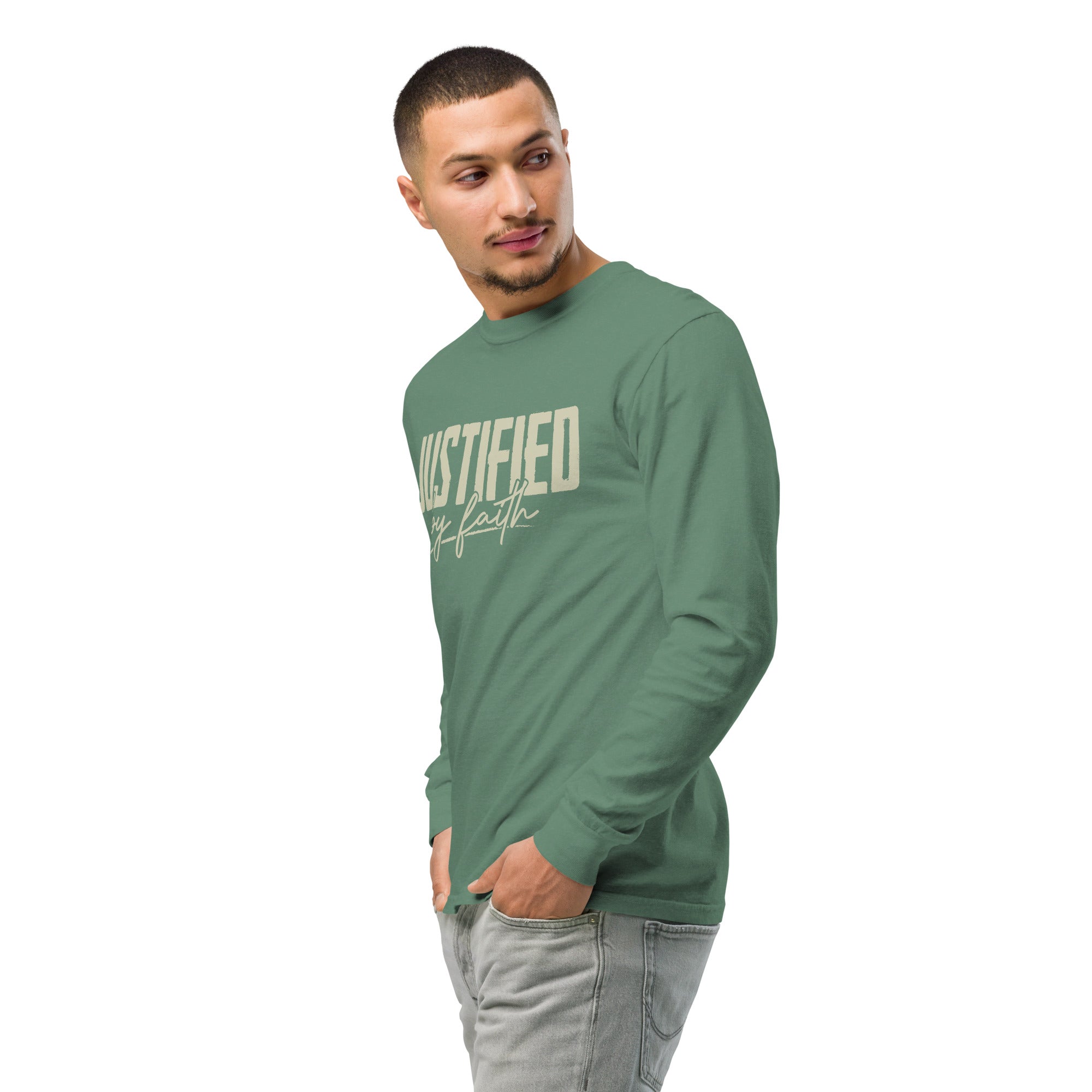 Image of Justified by Faith christian long sleeve Light Green left front — faith shirt Entrusted to Him