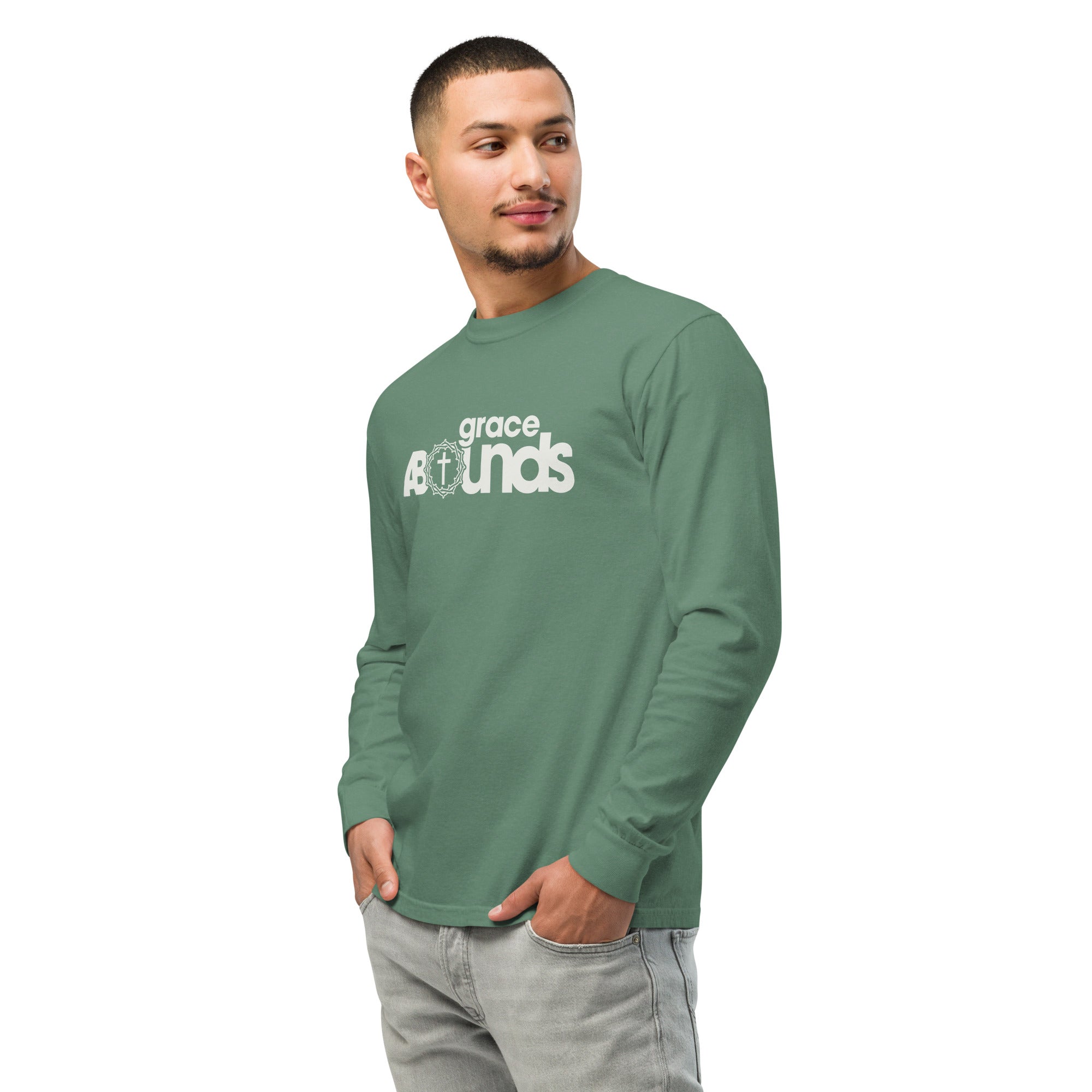Image of Grace Abounds christian long sleeve shirt light green left front — faith shirt Entrusted to Him