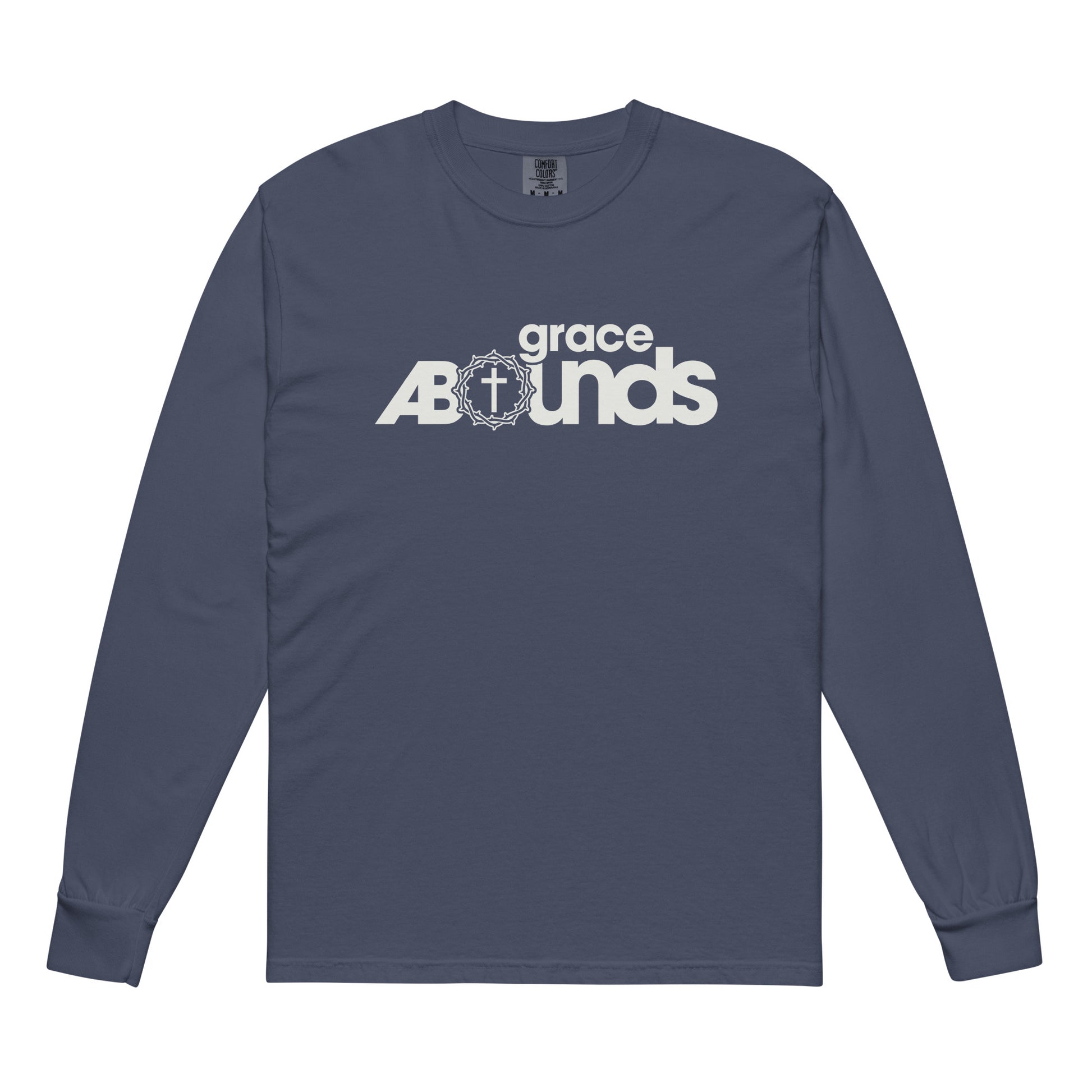 Grace Abounds christian shirt navy front — heavyweight christian long sleeve shirt