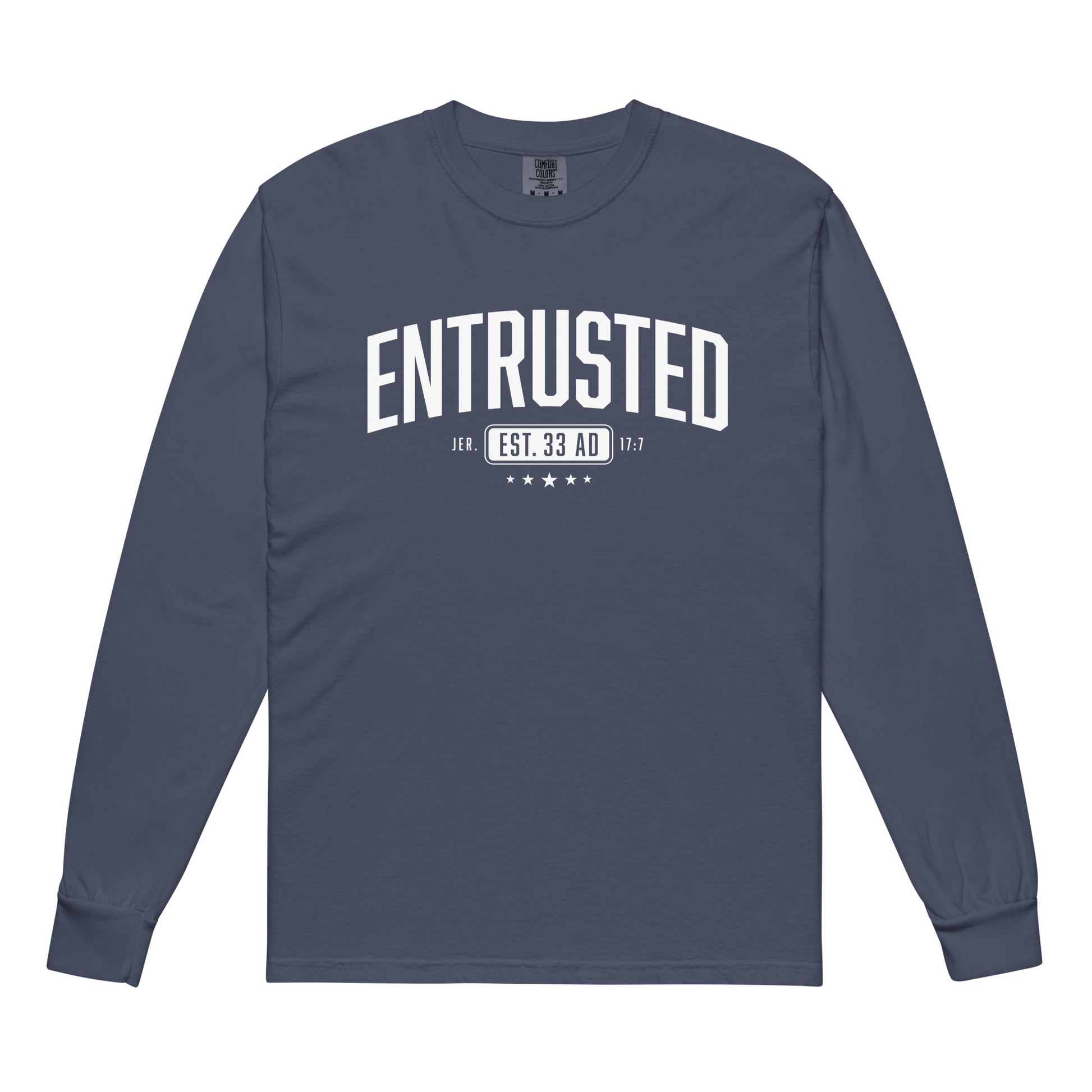 Entrusted Est. 33AD christian shirt navy front — heavyweight christian long sleeve for men