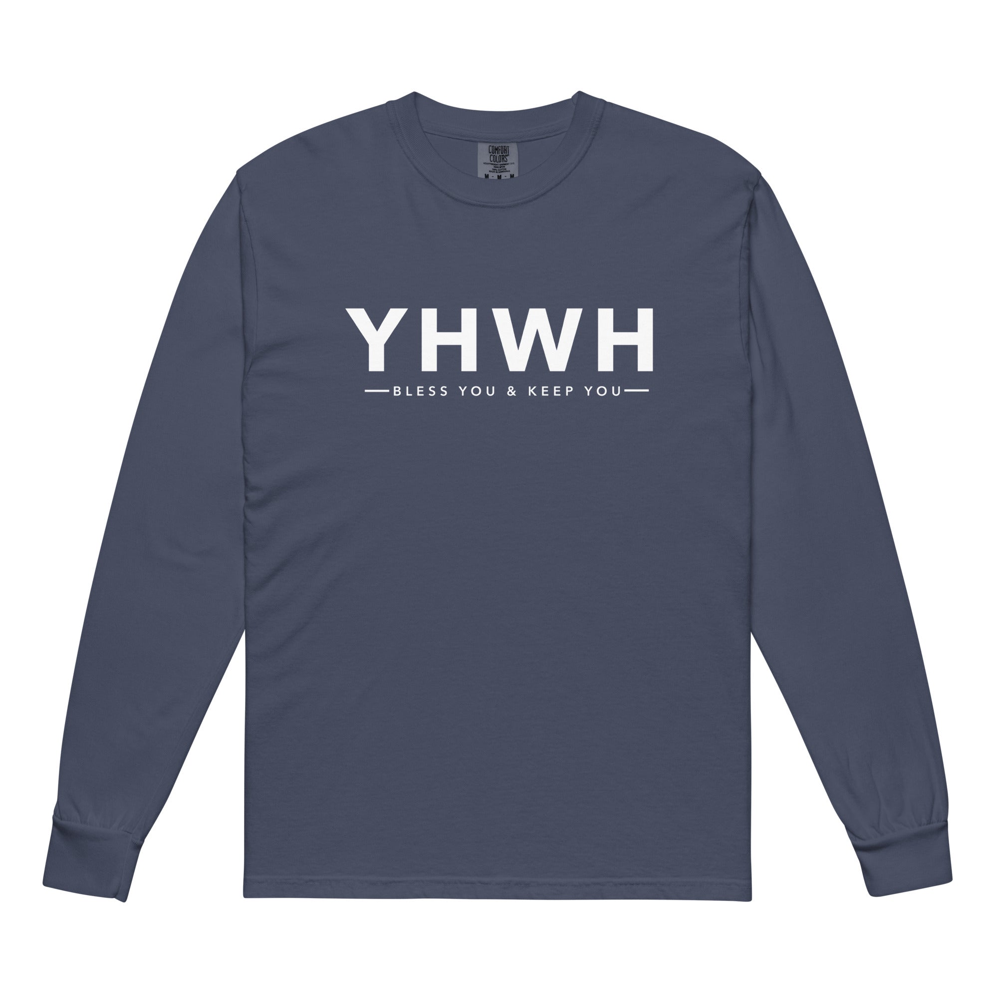 Image of YHWH christian shirt navy front — heavyweight christian long sleeve for men and women
