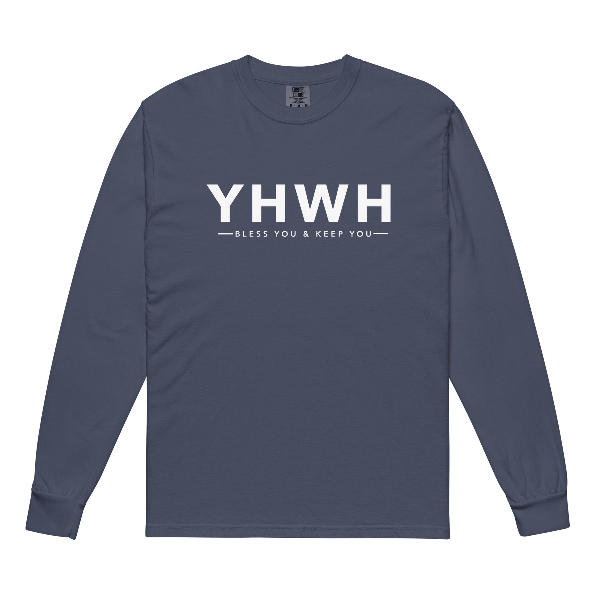 YHWH christian shirt navy front — heavyweight christian long sleeve for men and women