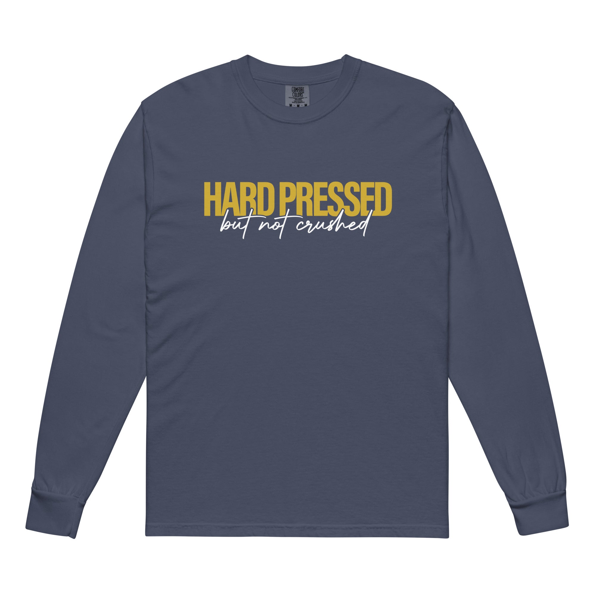 Image of Hard Pressed christian shirt navy front view — jesus shirt inspired by 2 Corinthians 4:8