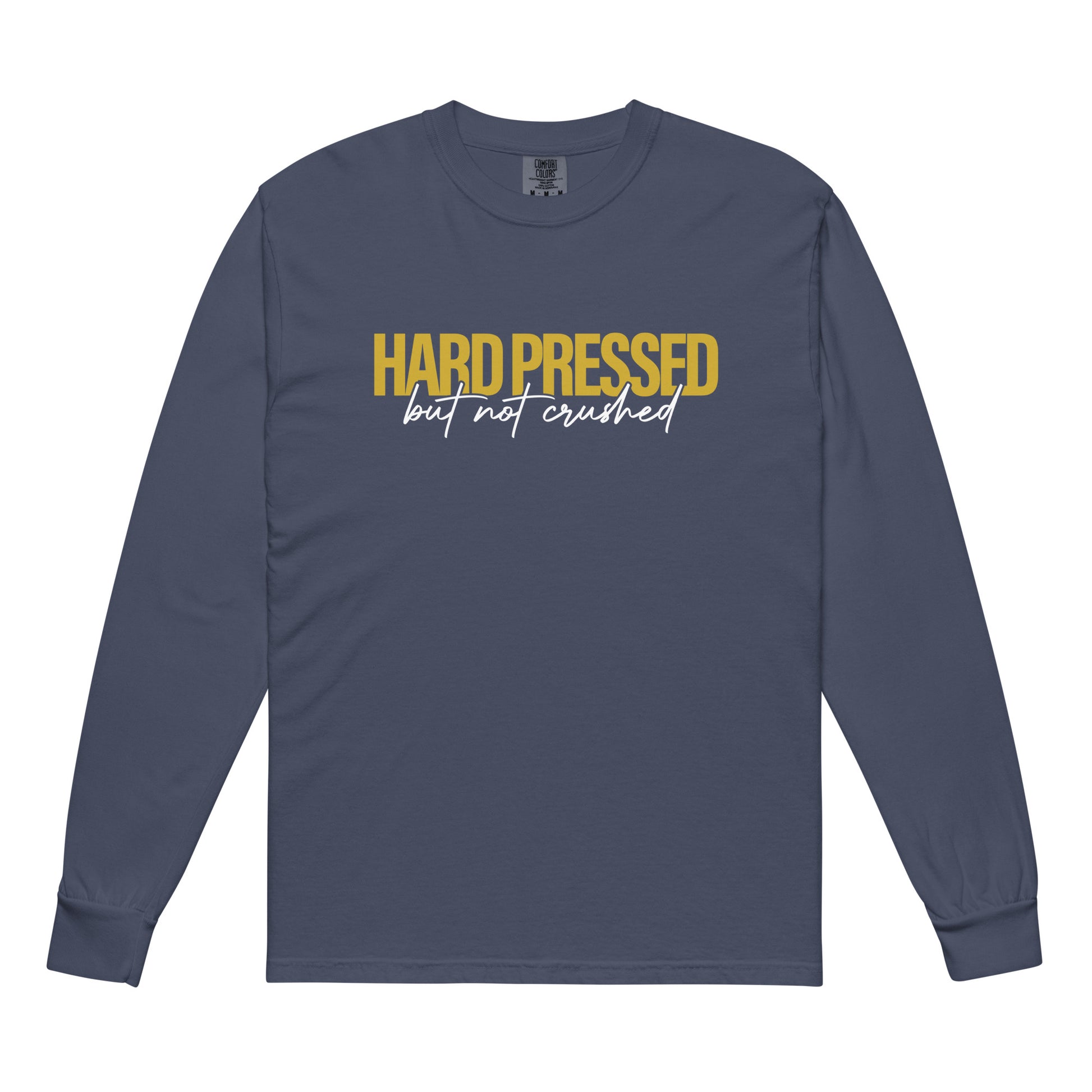 Hard Pressed christian shirt navy front view — jesus shirt inspired by 2 Corinthians 4:8