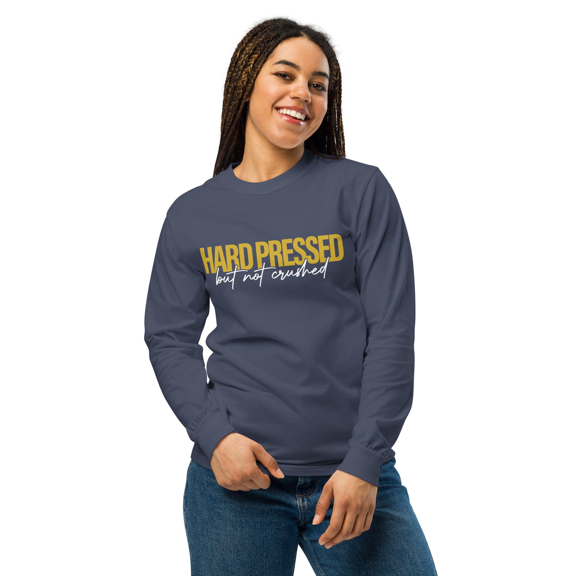Hard Pressed christian long sleeve navy second front — walk by faith apparel Entrusted to Him