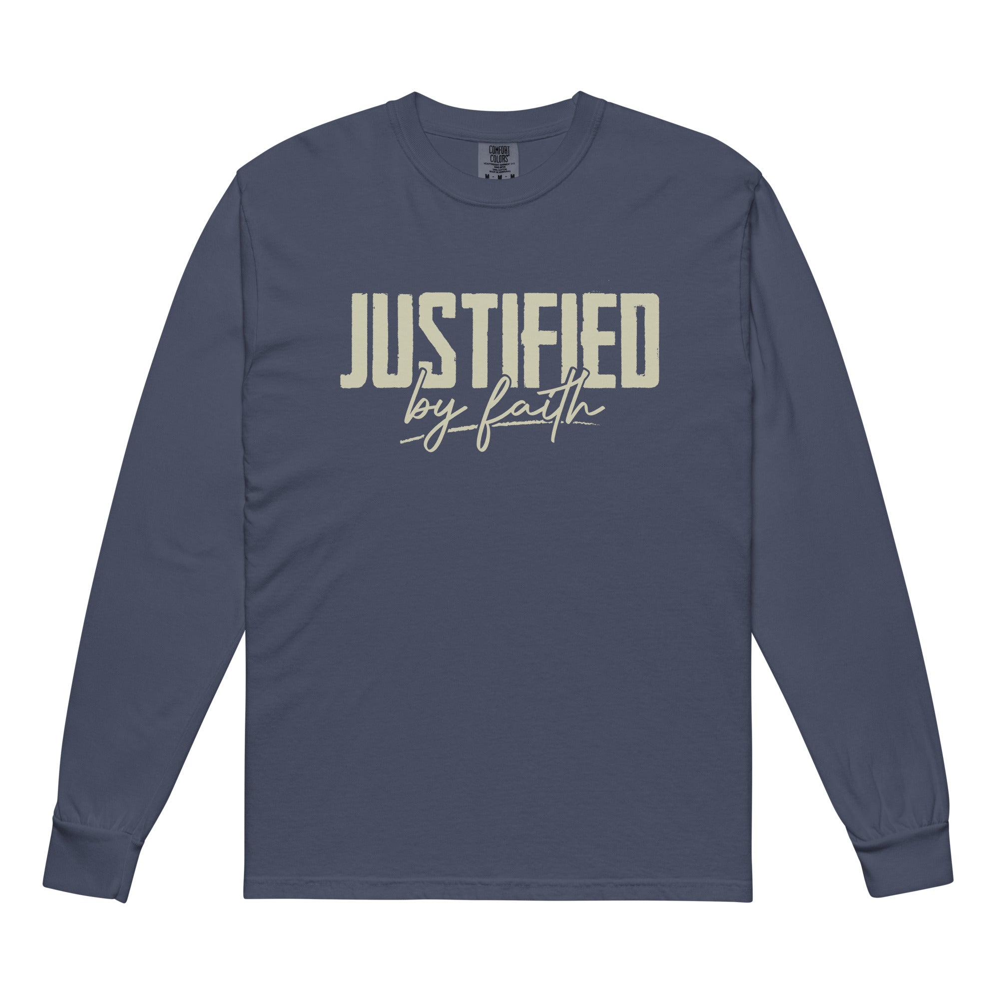Image of Justified by Faith christian shirt Navy front — heavyweight christian long sleeve for men and women