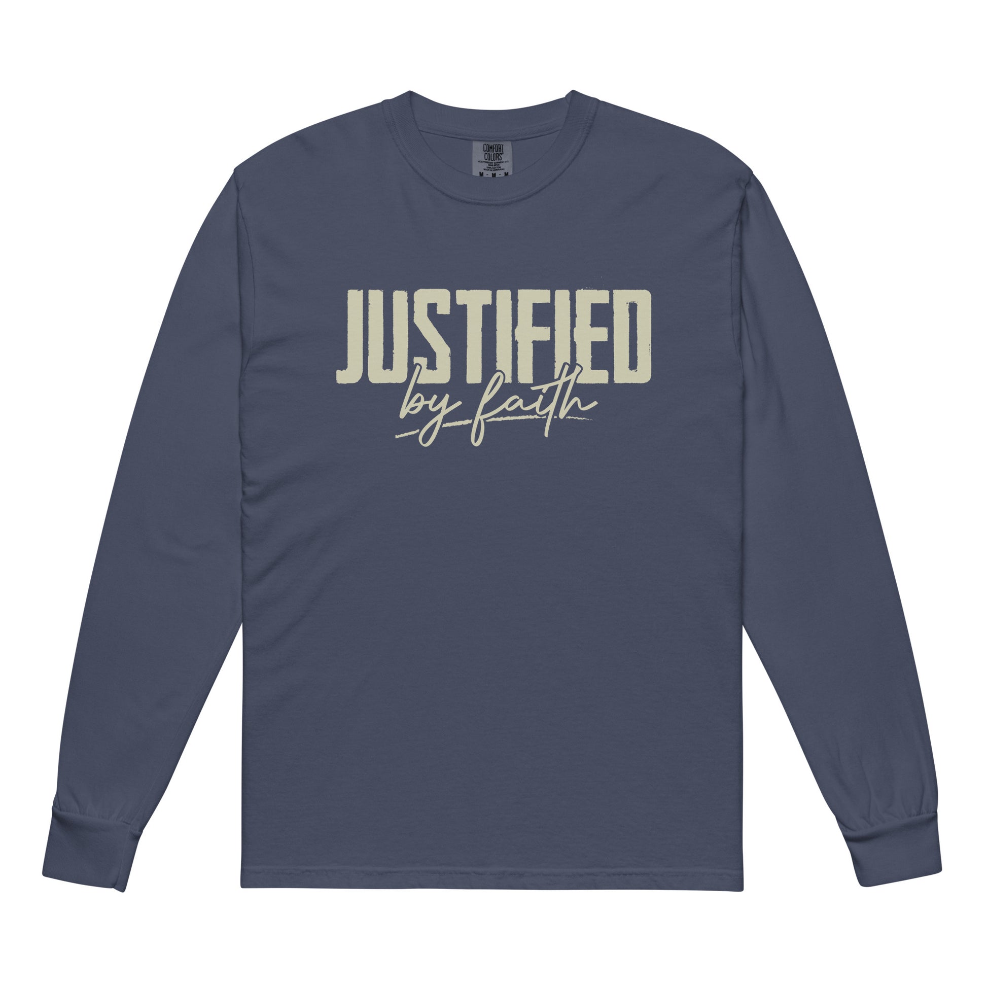 Justified by Faith christian shirt Navy front — heavyweight christian long sleeve for men and women