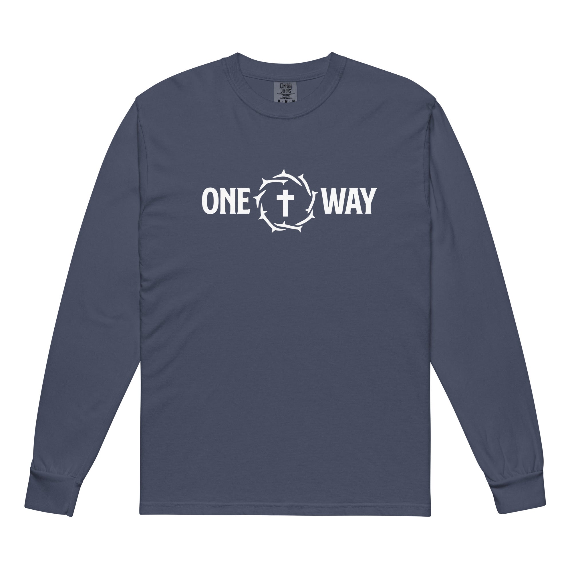 Image of One Way long sleeve shirt in navy with cross and crown of thorns design, front view