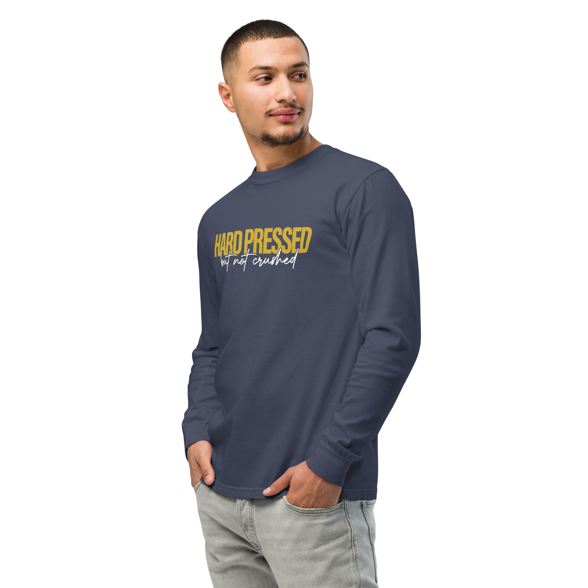 Hard Pressed christian long sleeve shirt navy left front — faith shirt Entrusted to Him