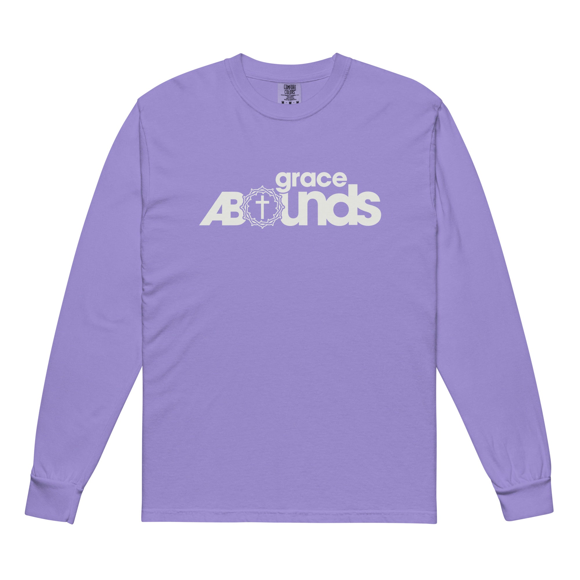 Image of Grace Abounds jesus shirt violet front — christian long sleeve shirt garment-dyed