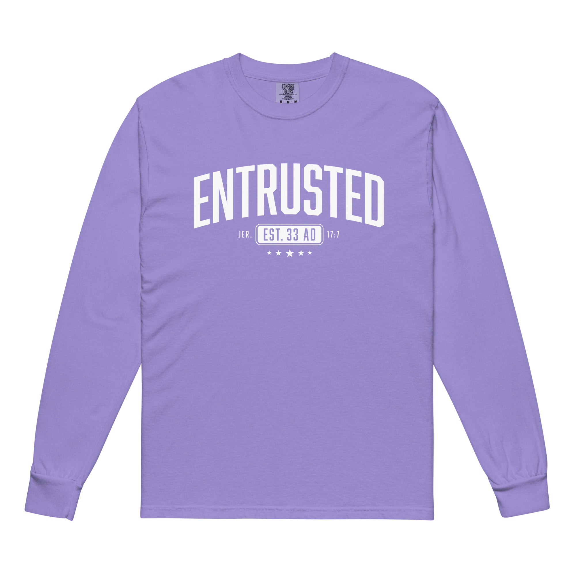 Image of Entrusted Est. 33AD christian long sleeve shirt violet front — jesus shirt heavyweight faith apparel