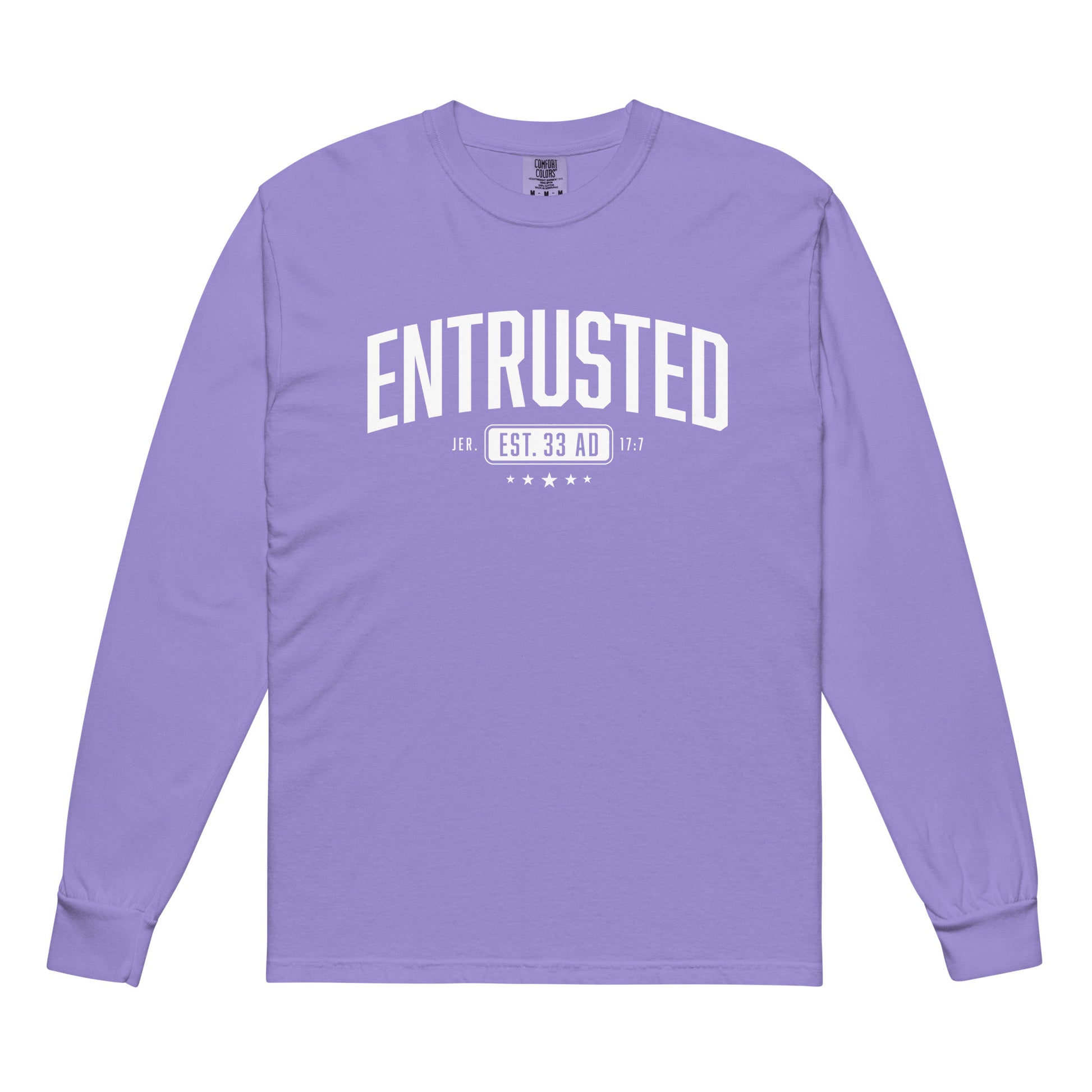 Entrusted Est. 33AD christian long sleeve shirt violet front — jesus shirt heavyweight faith apparel