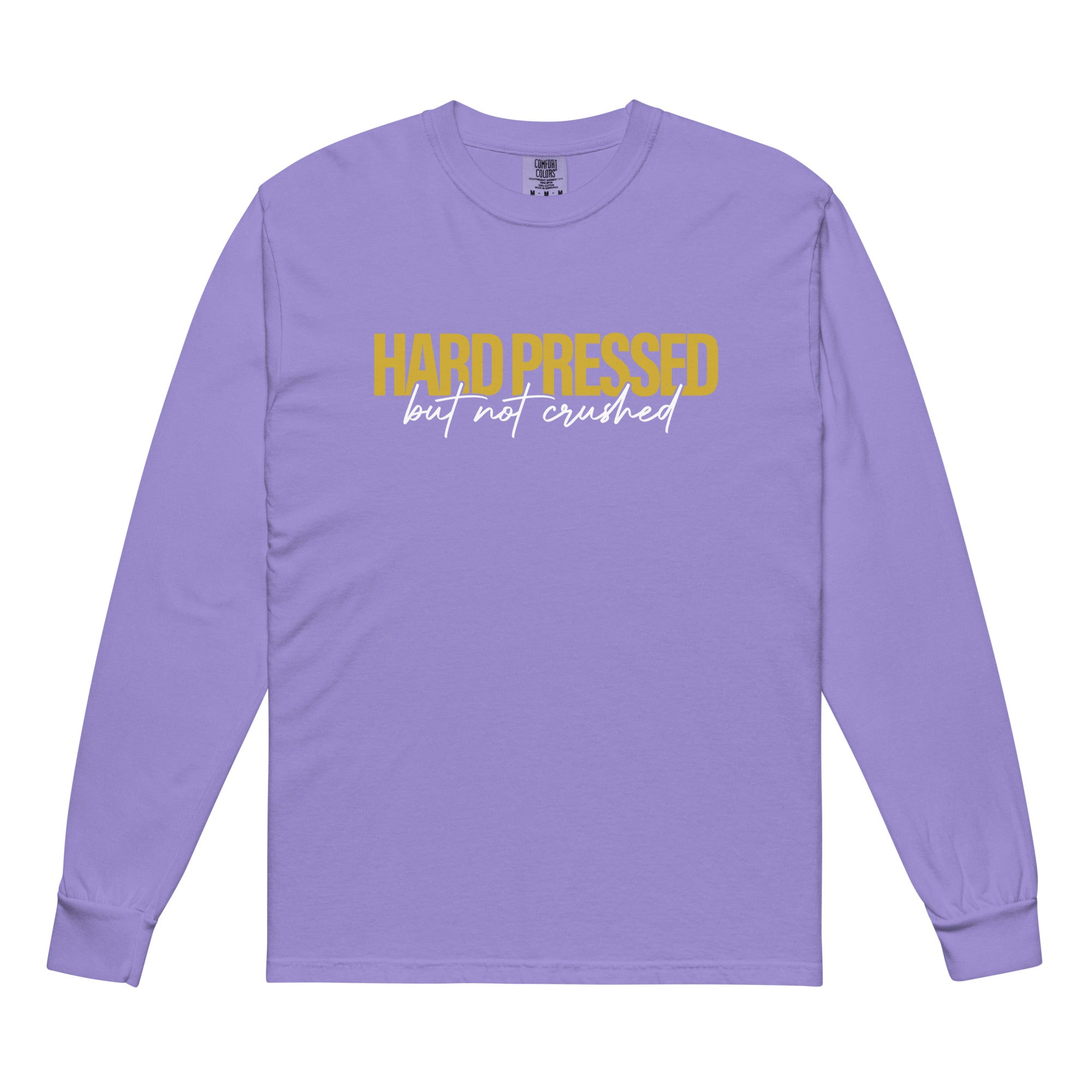 Image of Hard Pressed christian shirt violet front — faith shirt inspired by 2 Corinthians 4:8
