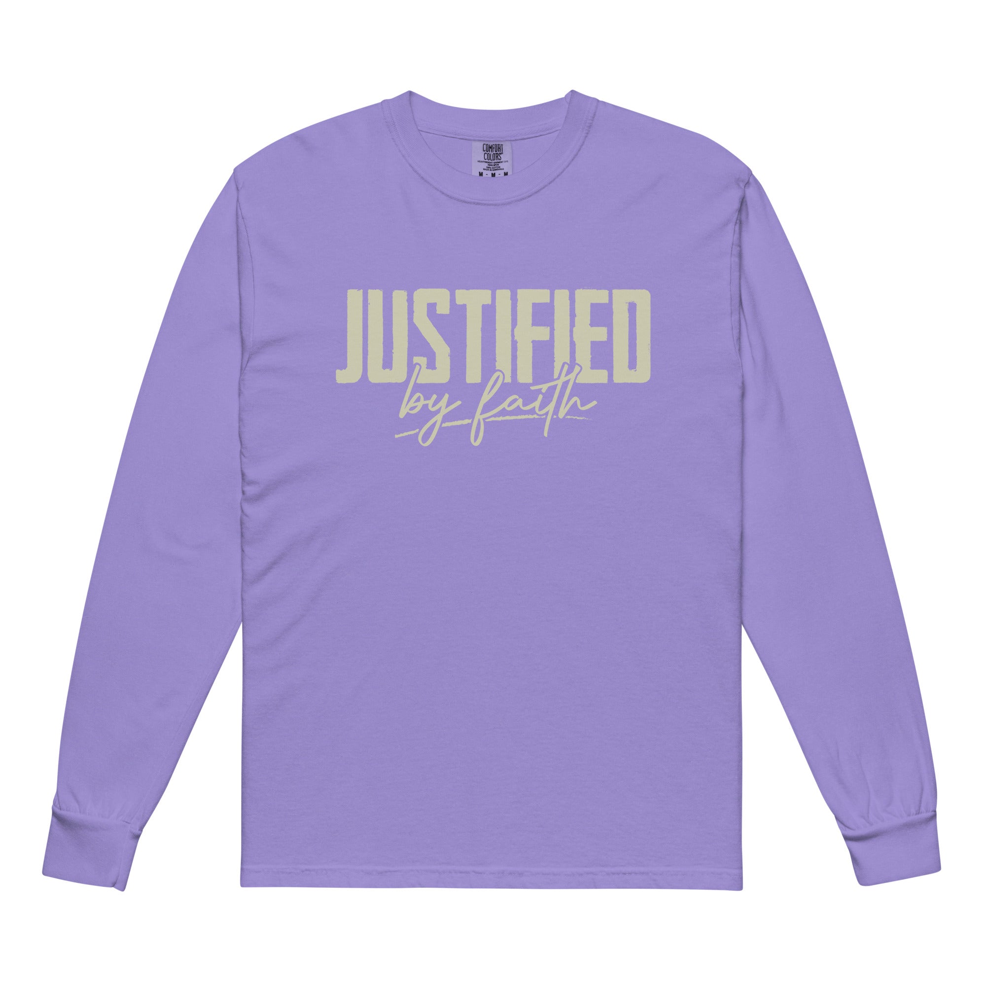 Image of Justified by Faith christian shirt Violet front — Jesus shirt heavyweight faith apparel