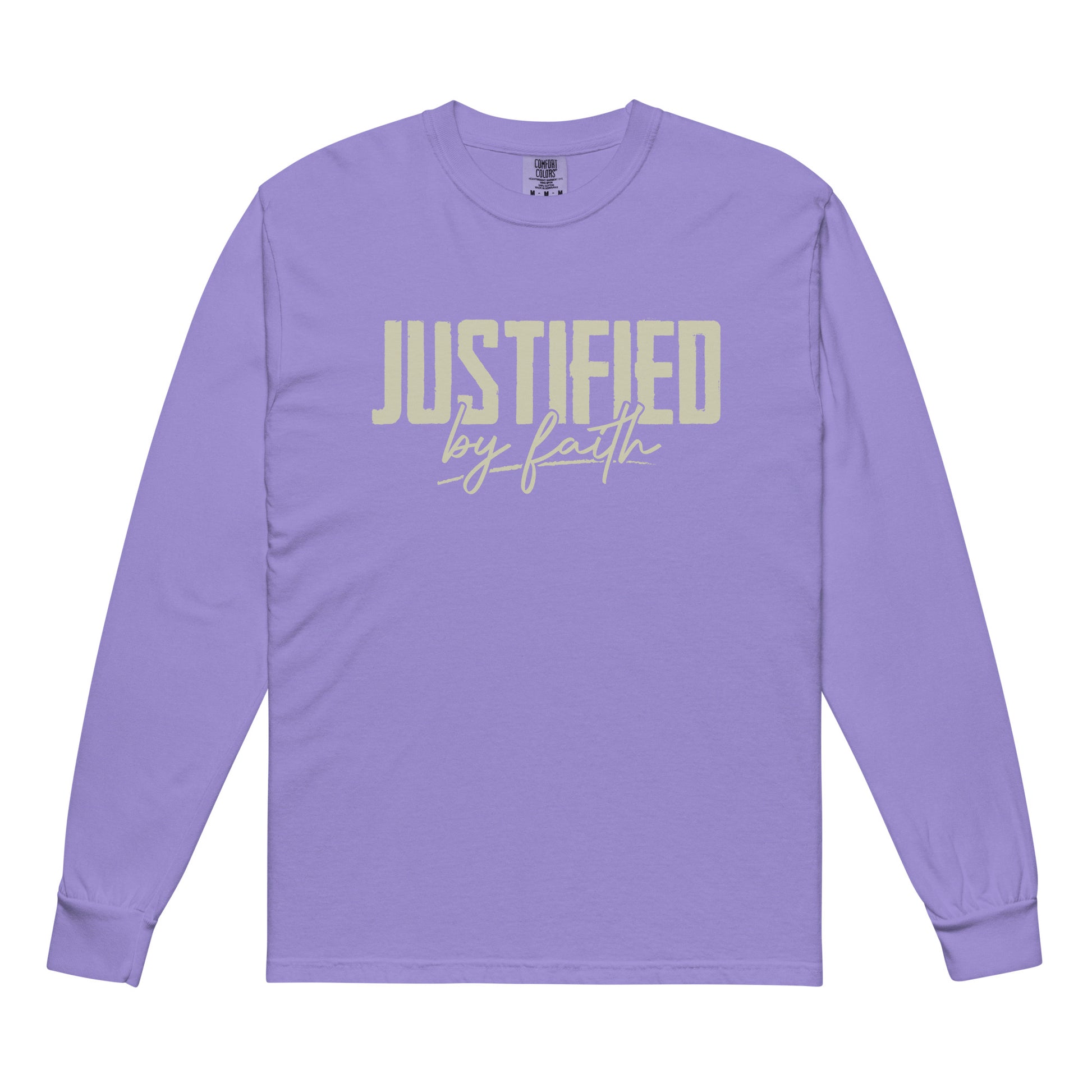 Justified by Faith christian shirt Violet front — Jesus shirt heavyweight faith apparel