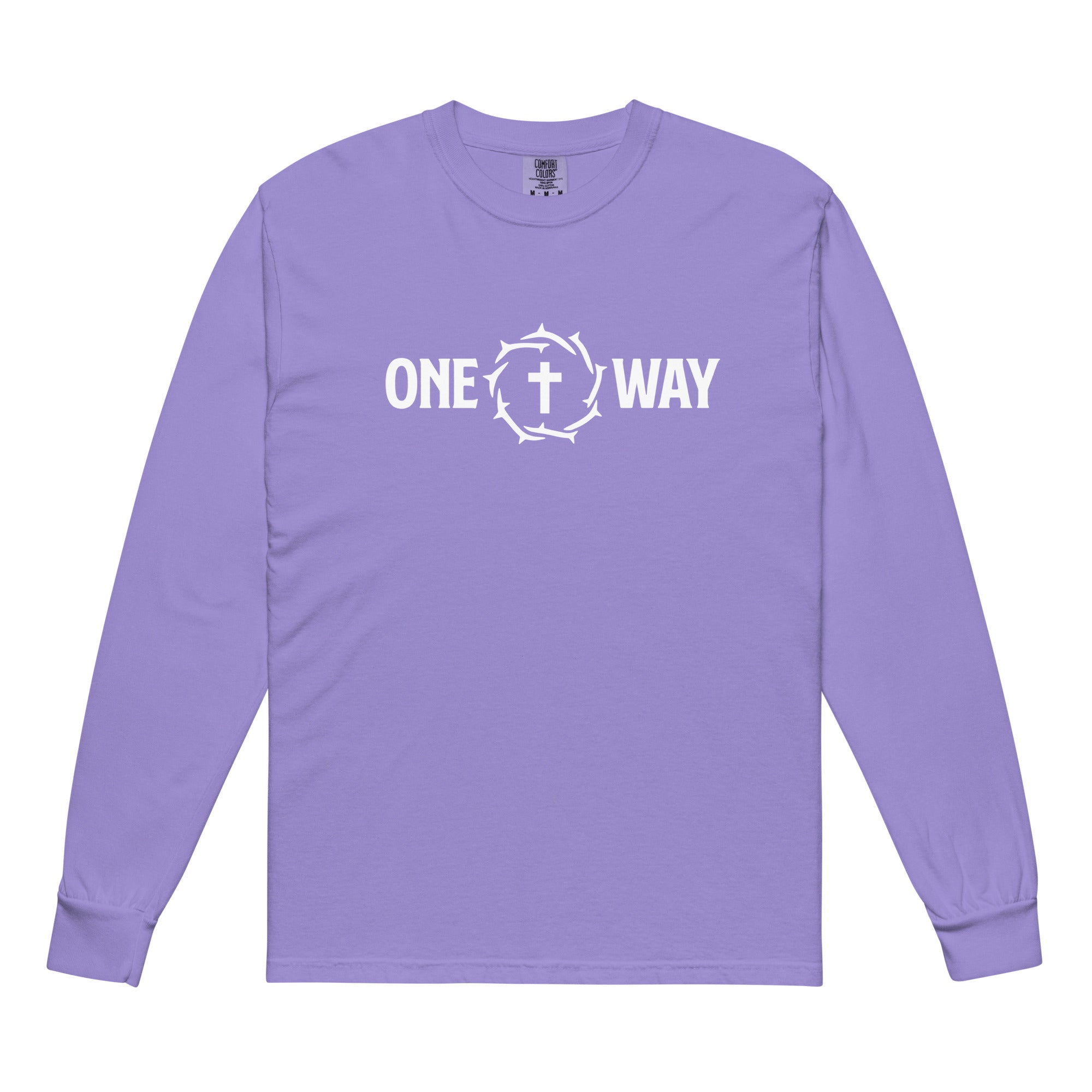 Image of One Way long sleeve shirt in violet with cross and crown of thorns design, front view