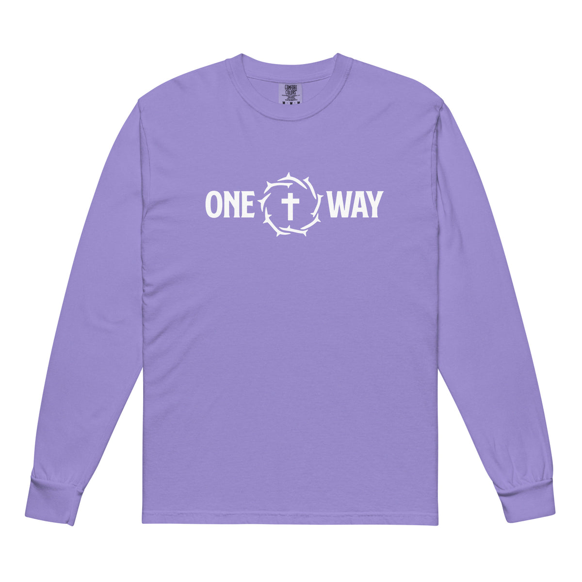One Way long sleeve shirt in violet with cross and crown of thorns design, front view