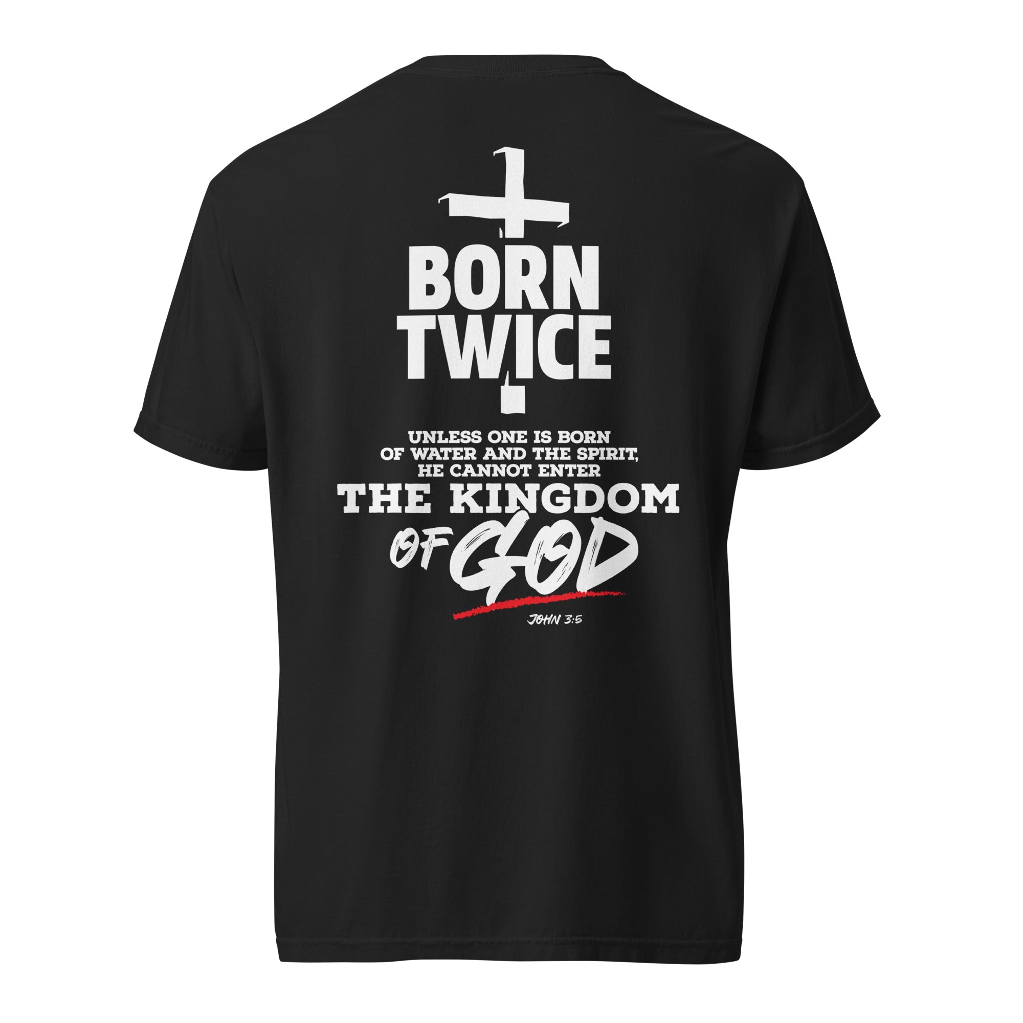 Image of Born Twice scripture t-shirt black back view — Entrusted to Him
