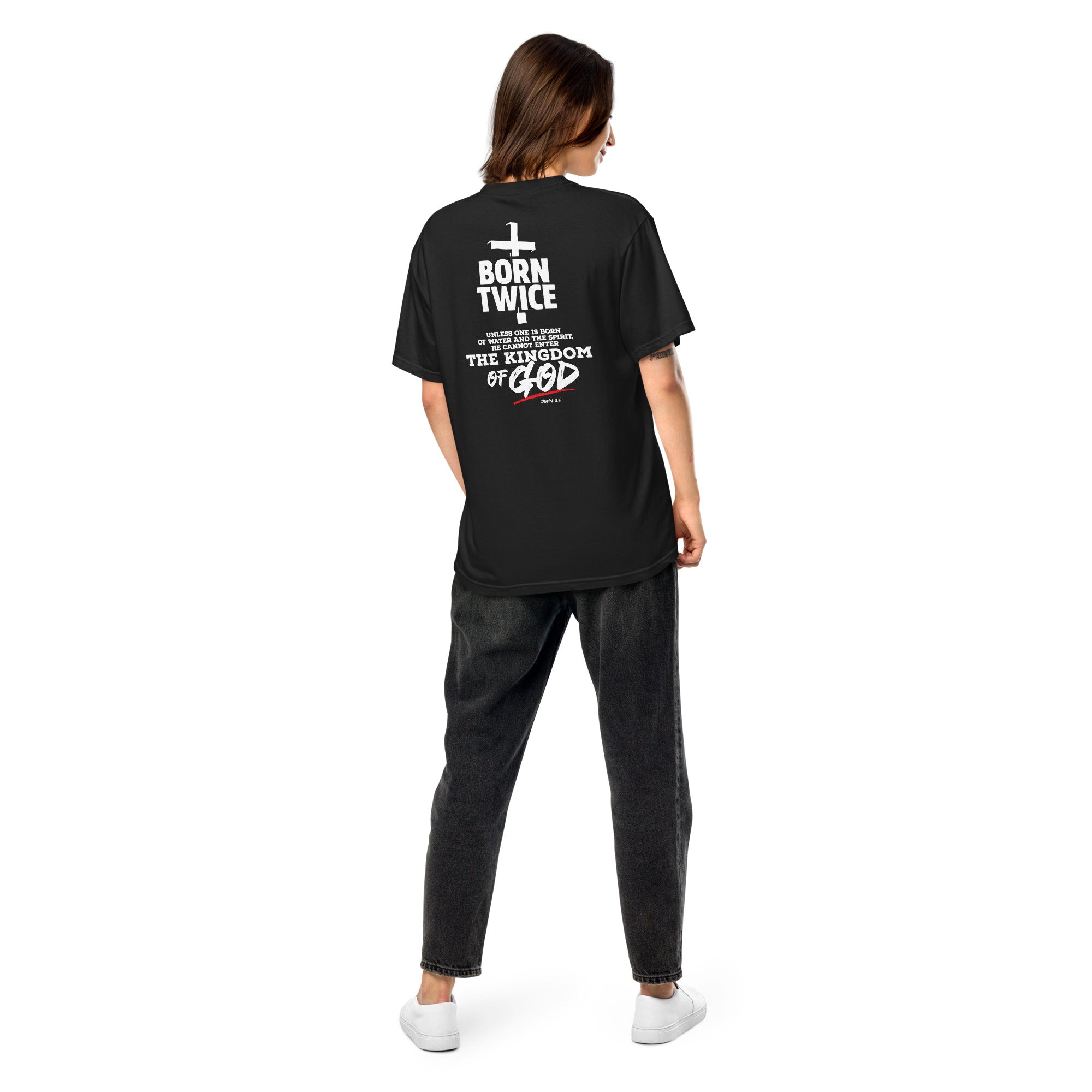 Image of Born Twice Christian t-shirt black back detail view — Entrusted to Him