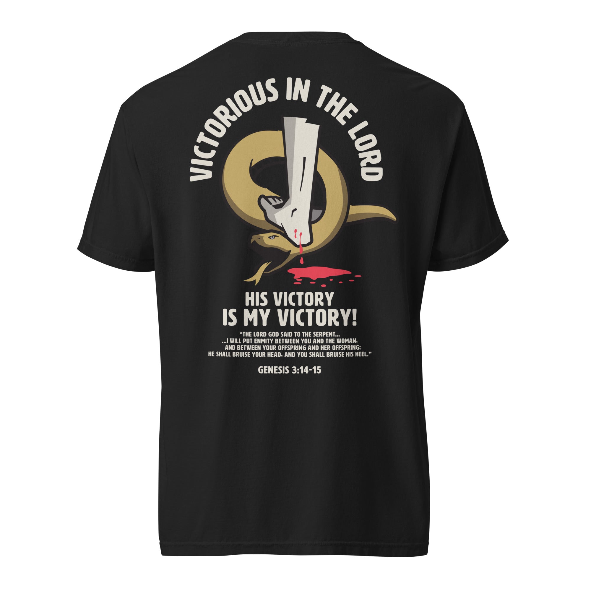 Image of Victorious christian t-shirt black back view — Entrusted to Him