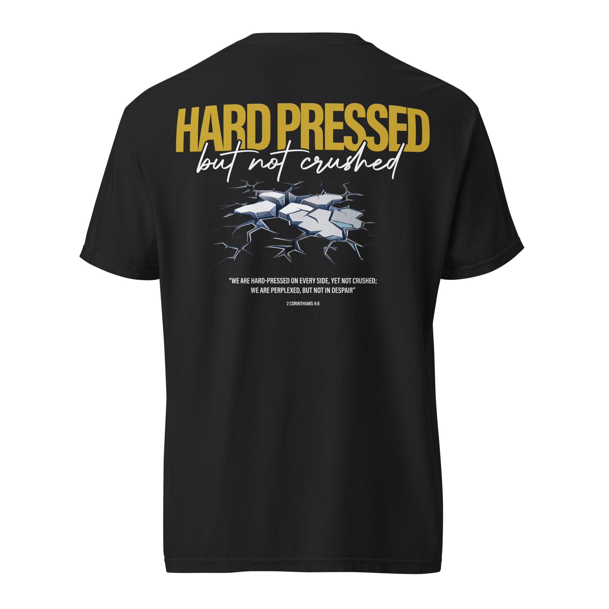 Image of Hard Pressed scripture t-shirt black back view — Entrusted to Him