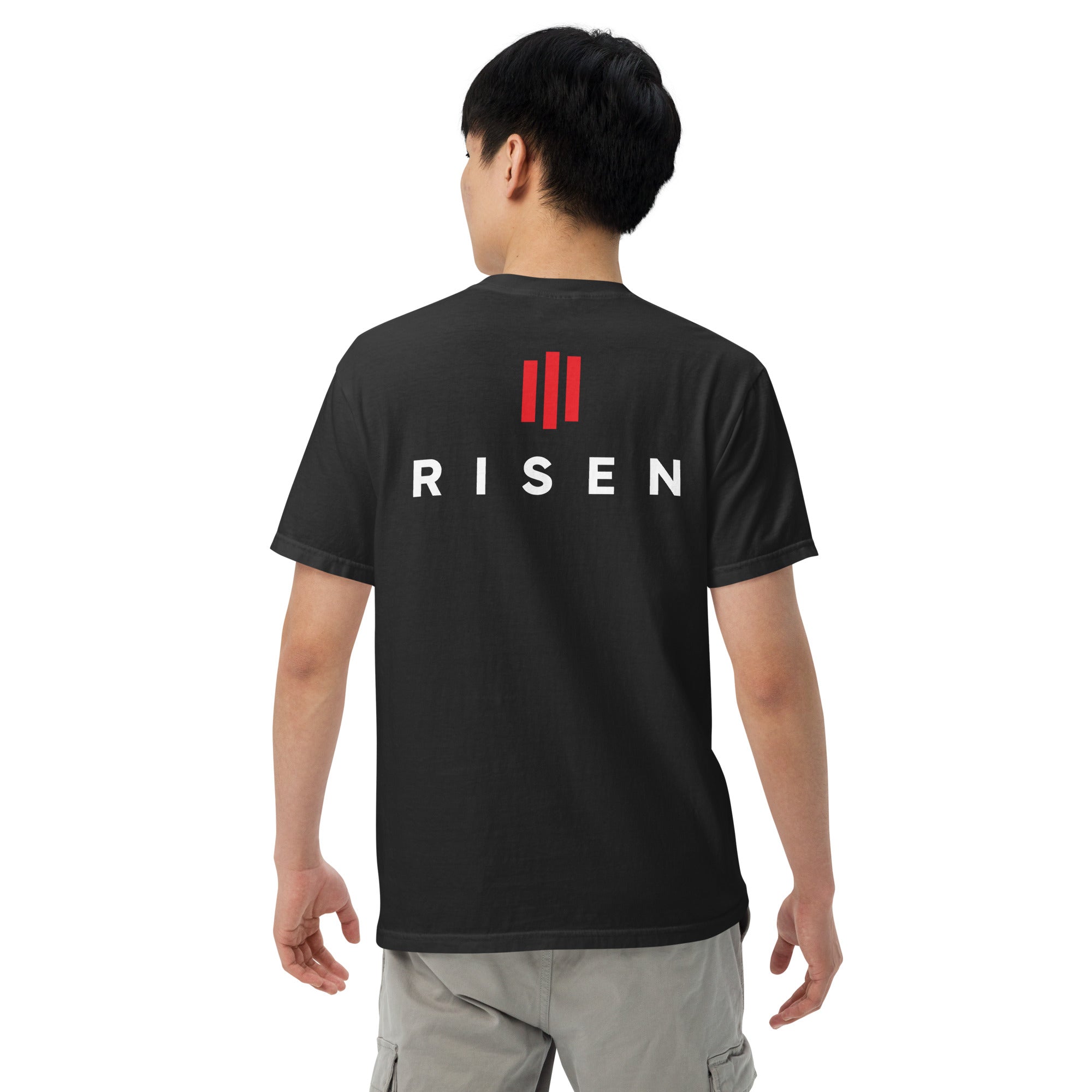 Image of Risen Christian t-shirt black back view — Entrusted to Him
