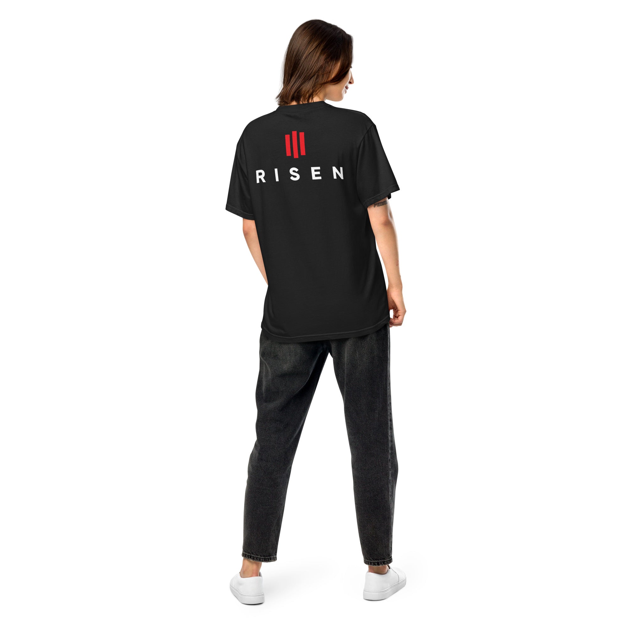 Image of Risen Christian apparel black back detail view — Entrusted to Him