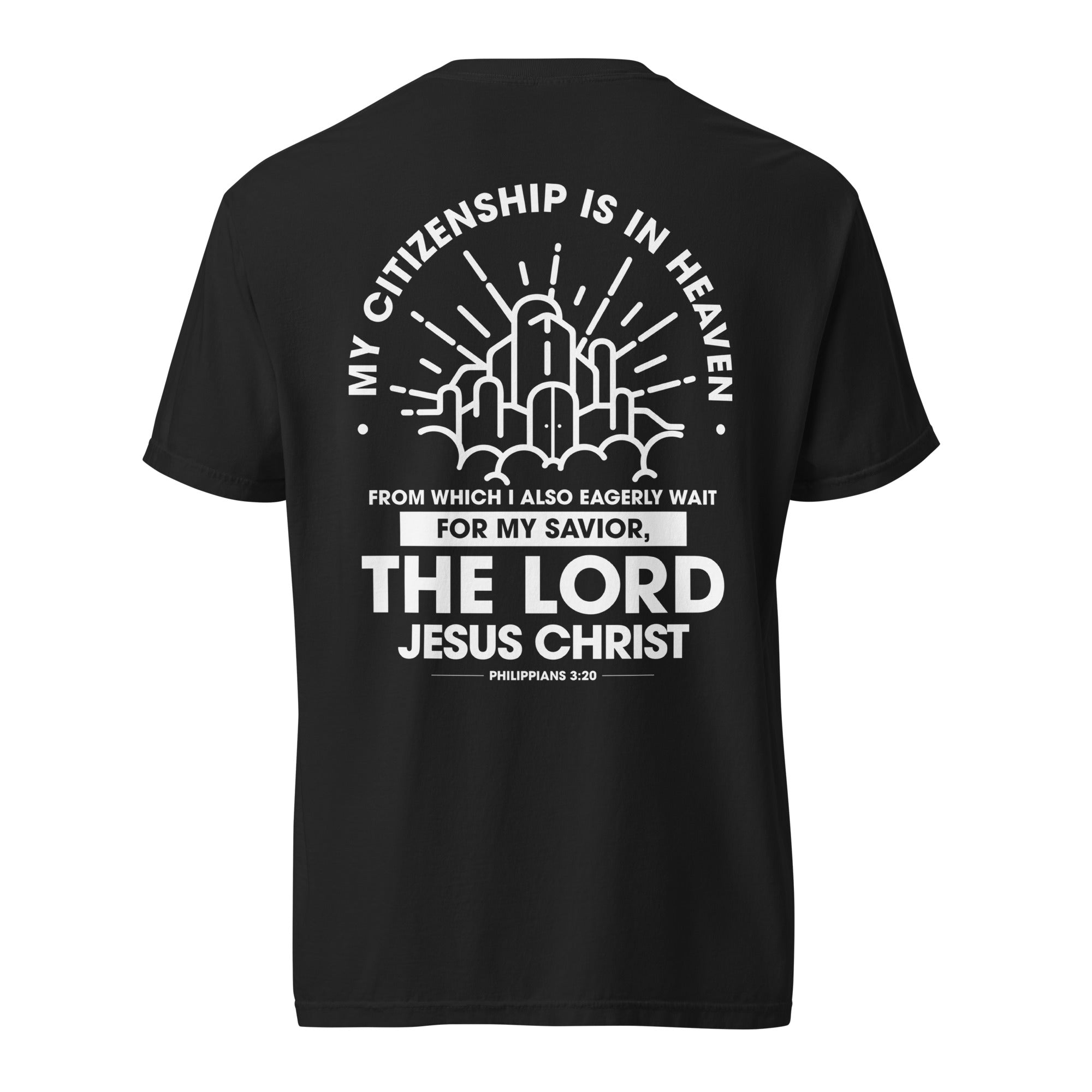 Image of Citizen of Heaven Christian graphic tee black back view — Entrusted to Him