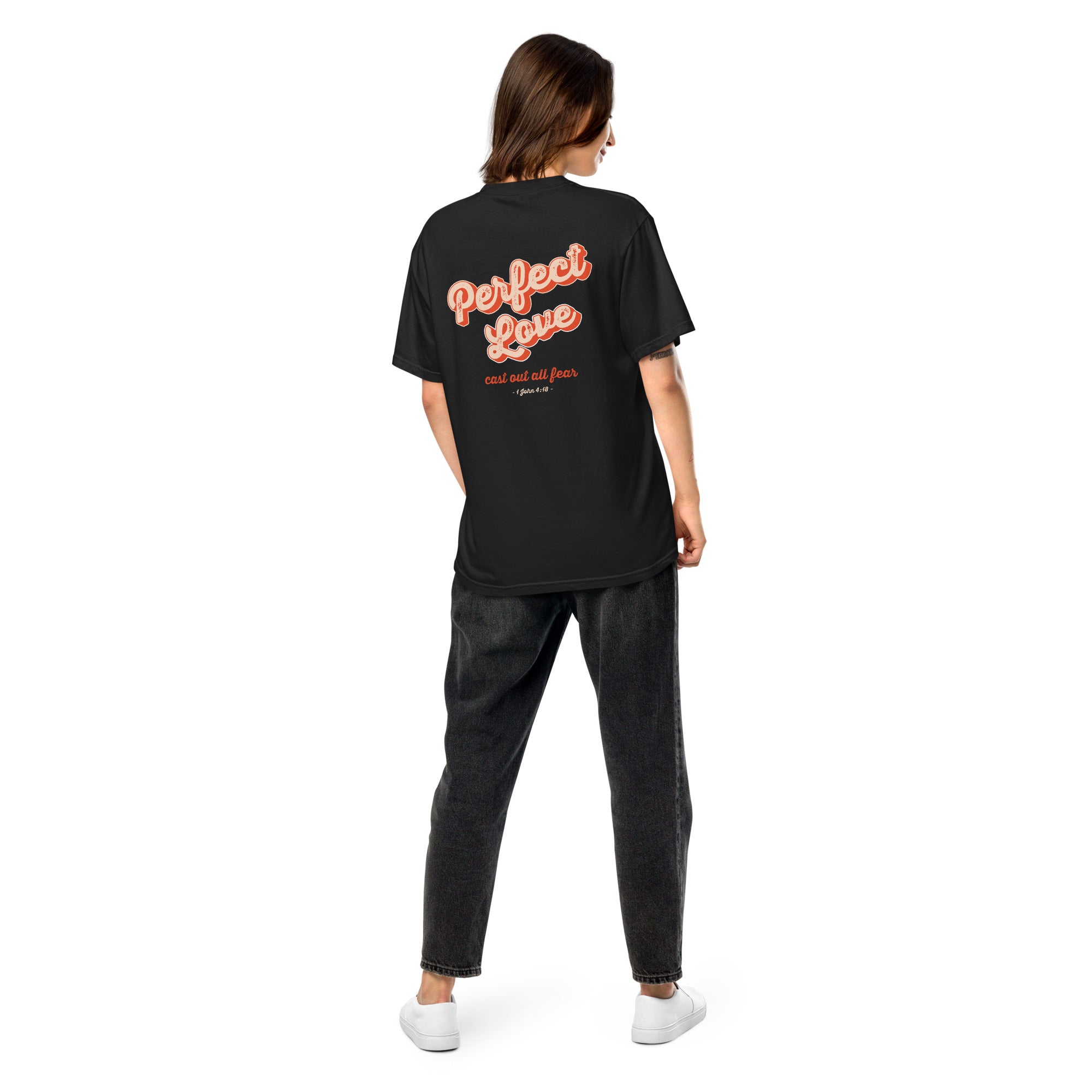 Image of Perfect Love scripture t-shirt black back on model full length — Entrusted to Him