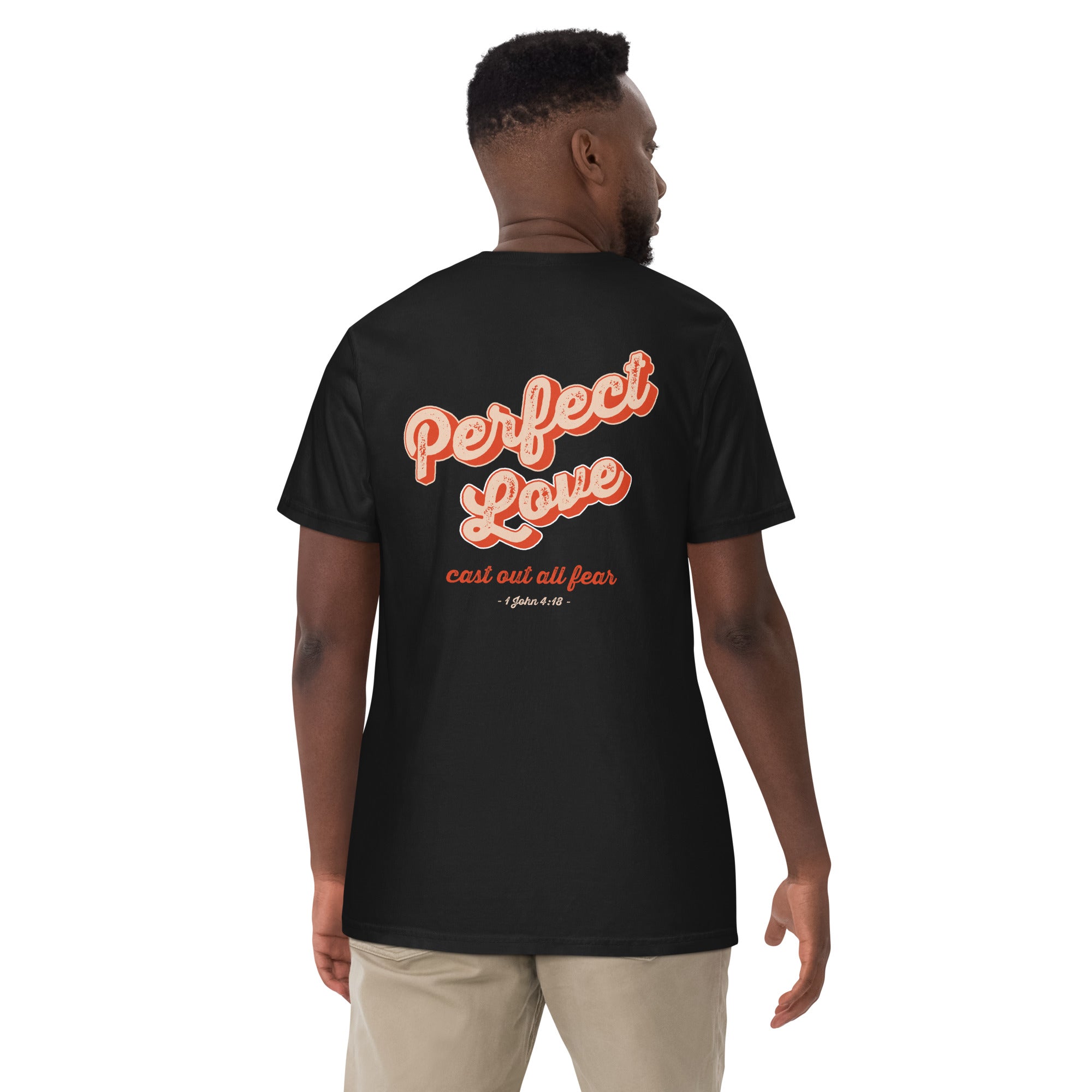 Image of Perfect Love Jesus shirt black back on model — Entrusted to Him