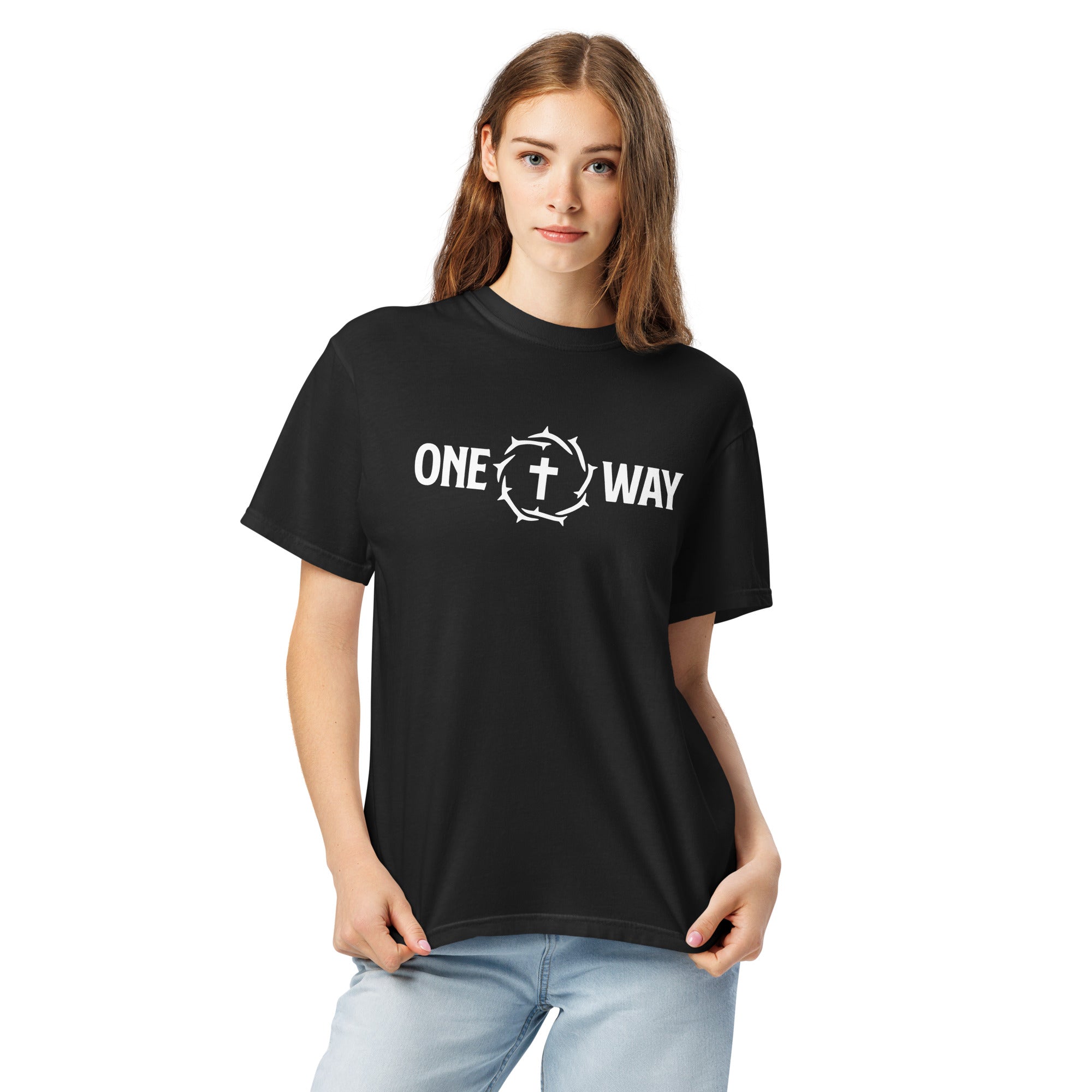 Image of Woman wearing the One Way heavyweight t-shirt in black with cross and crown of thorns design