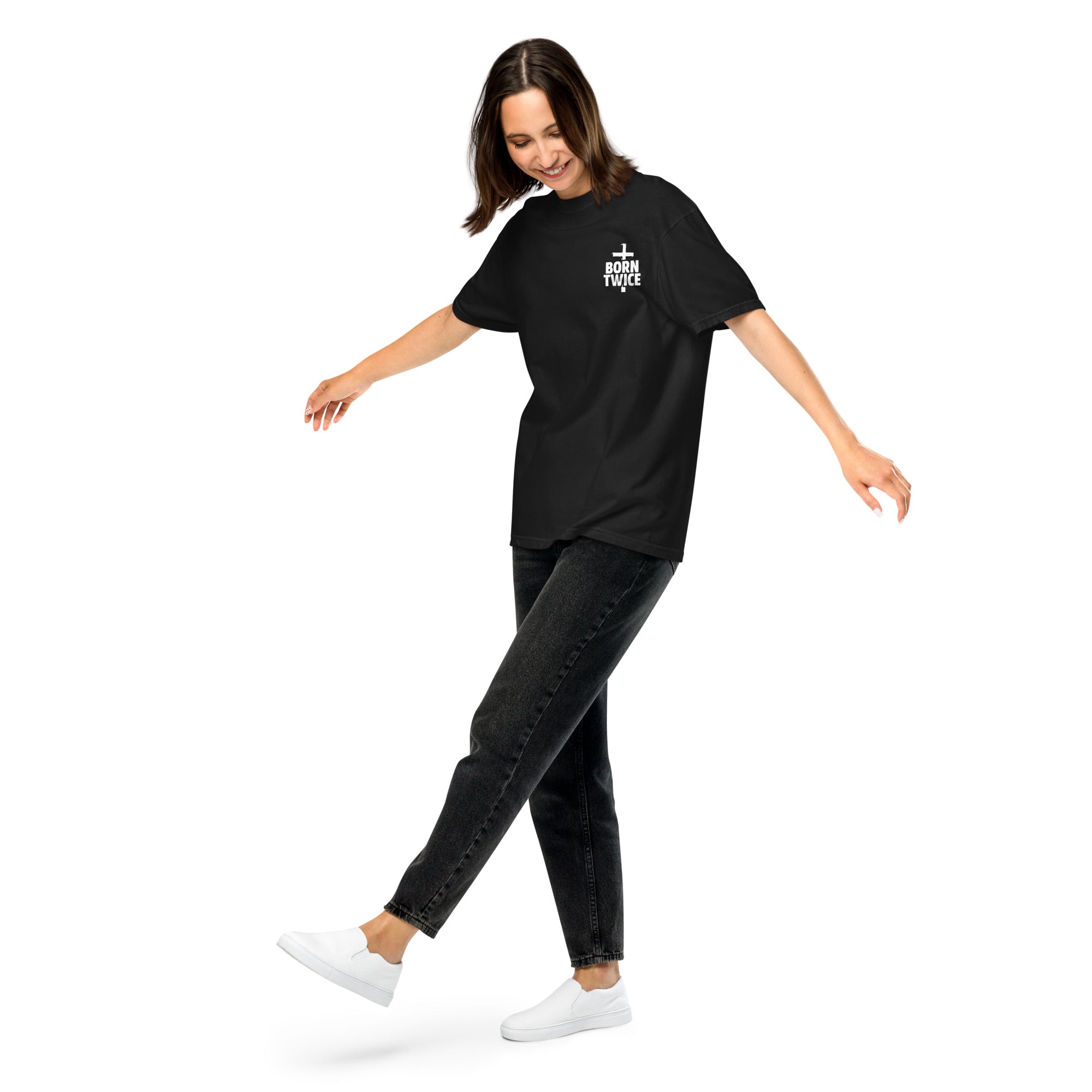 Image of Born Twice scripture t-shirt black front alternate view — Entrusted to Him