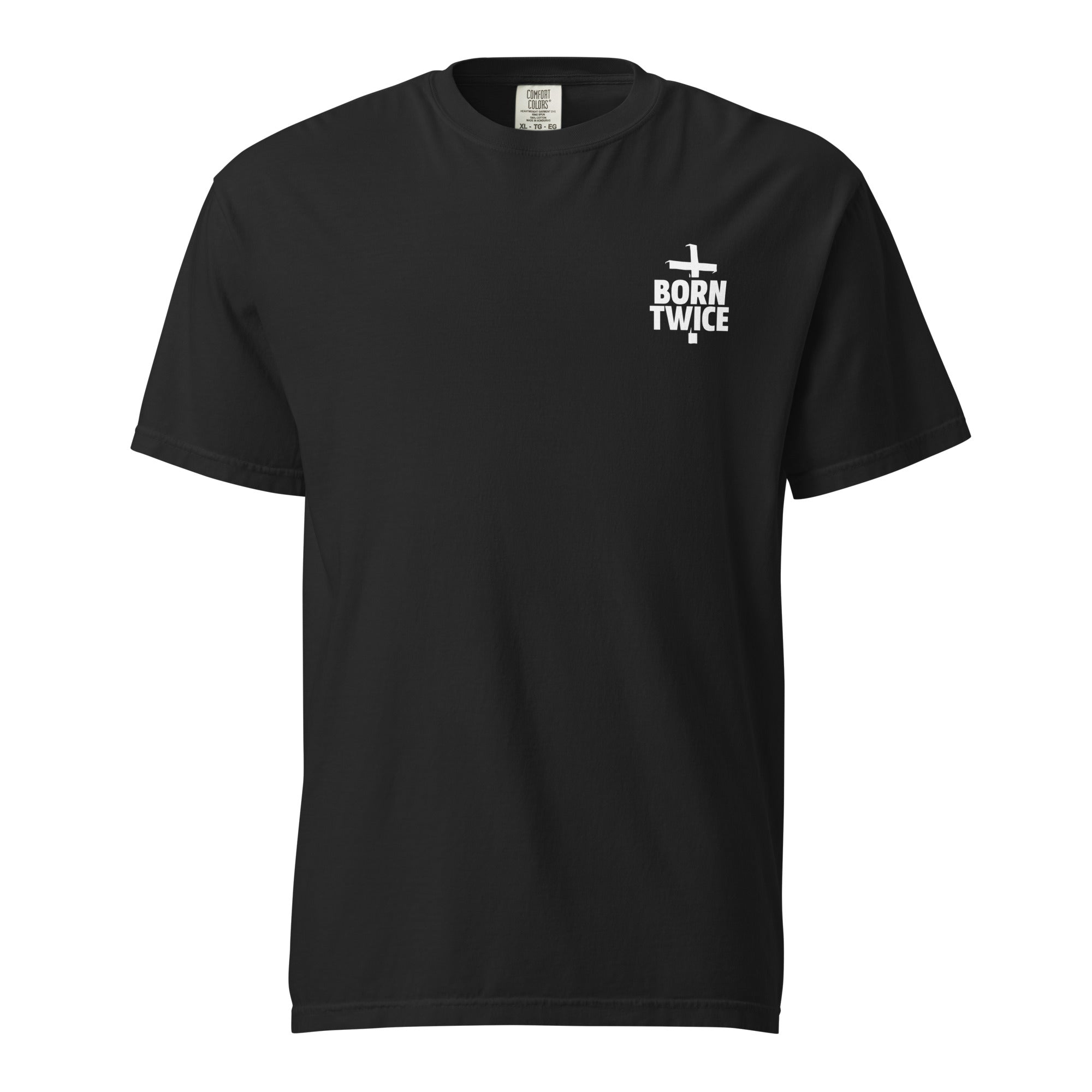 Image of Born Twice Christian t-shirt black front view — Entrusted to Him
